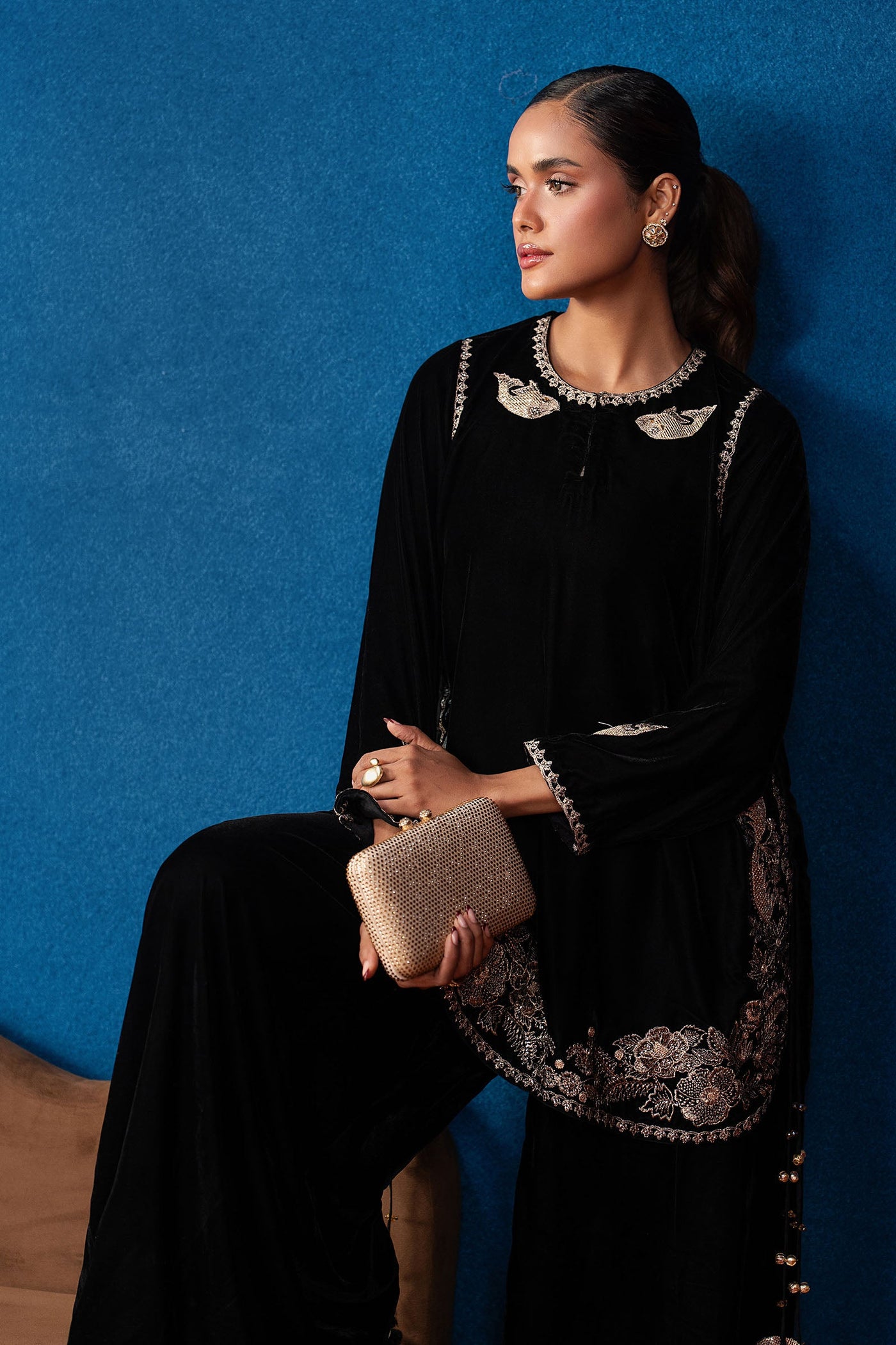 2 Pc Embroidered Velvet Suit