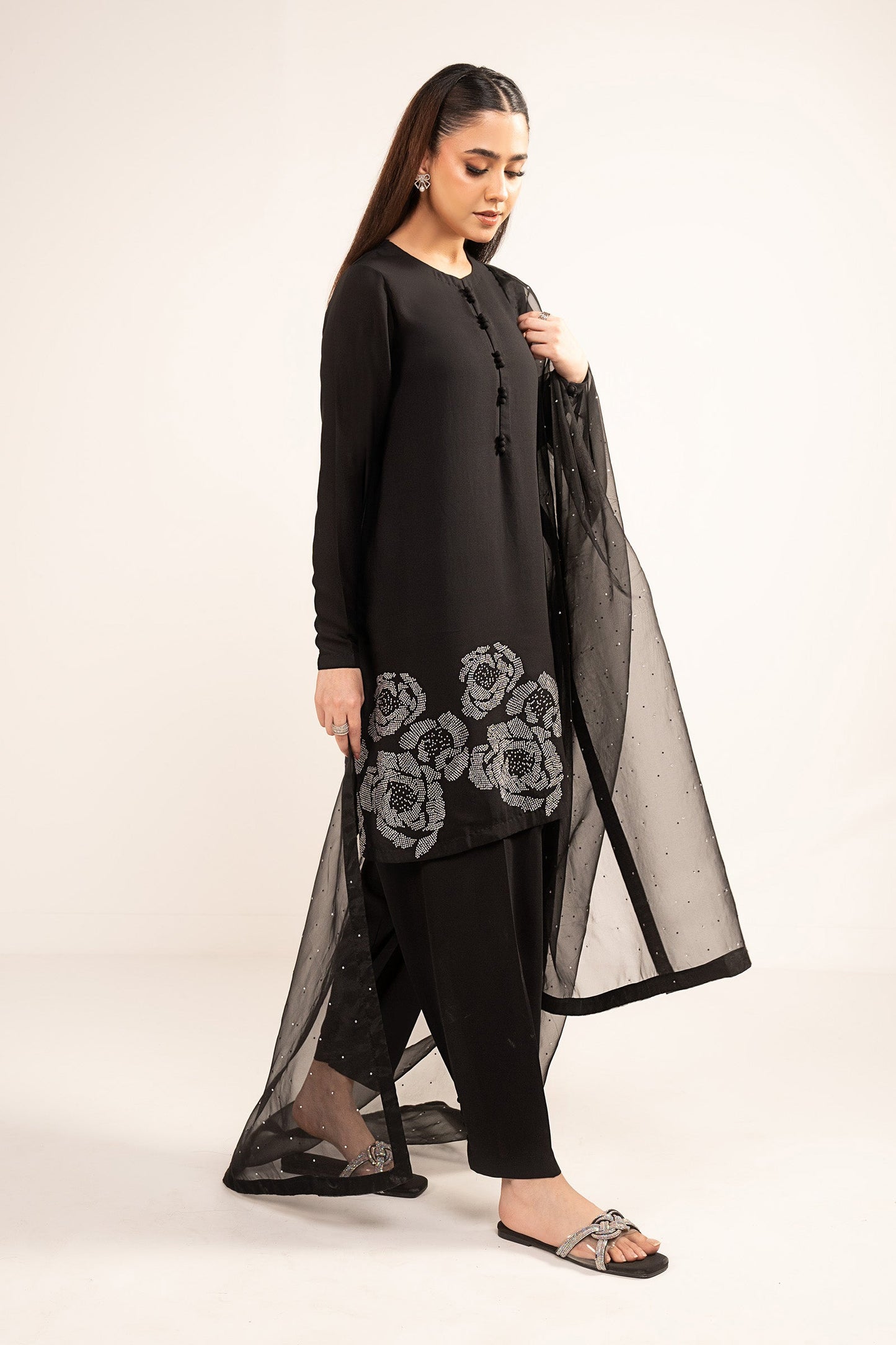 3 Pc Embellished Raw Silk Suit