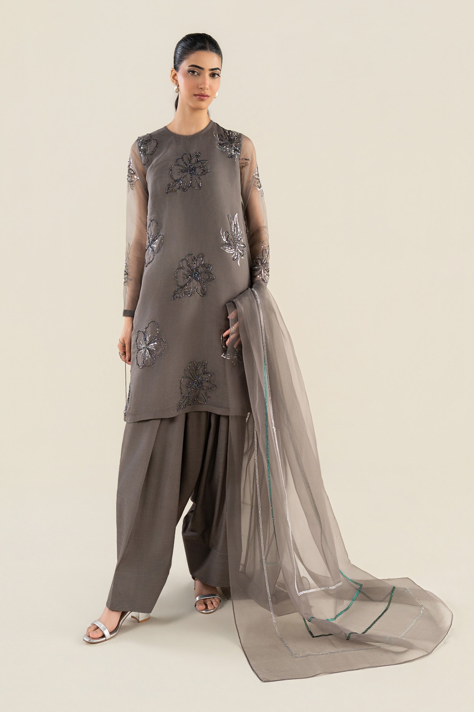 3 Pc Embellished Raw Silk Suit