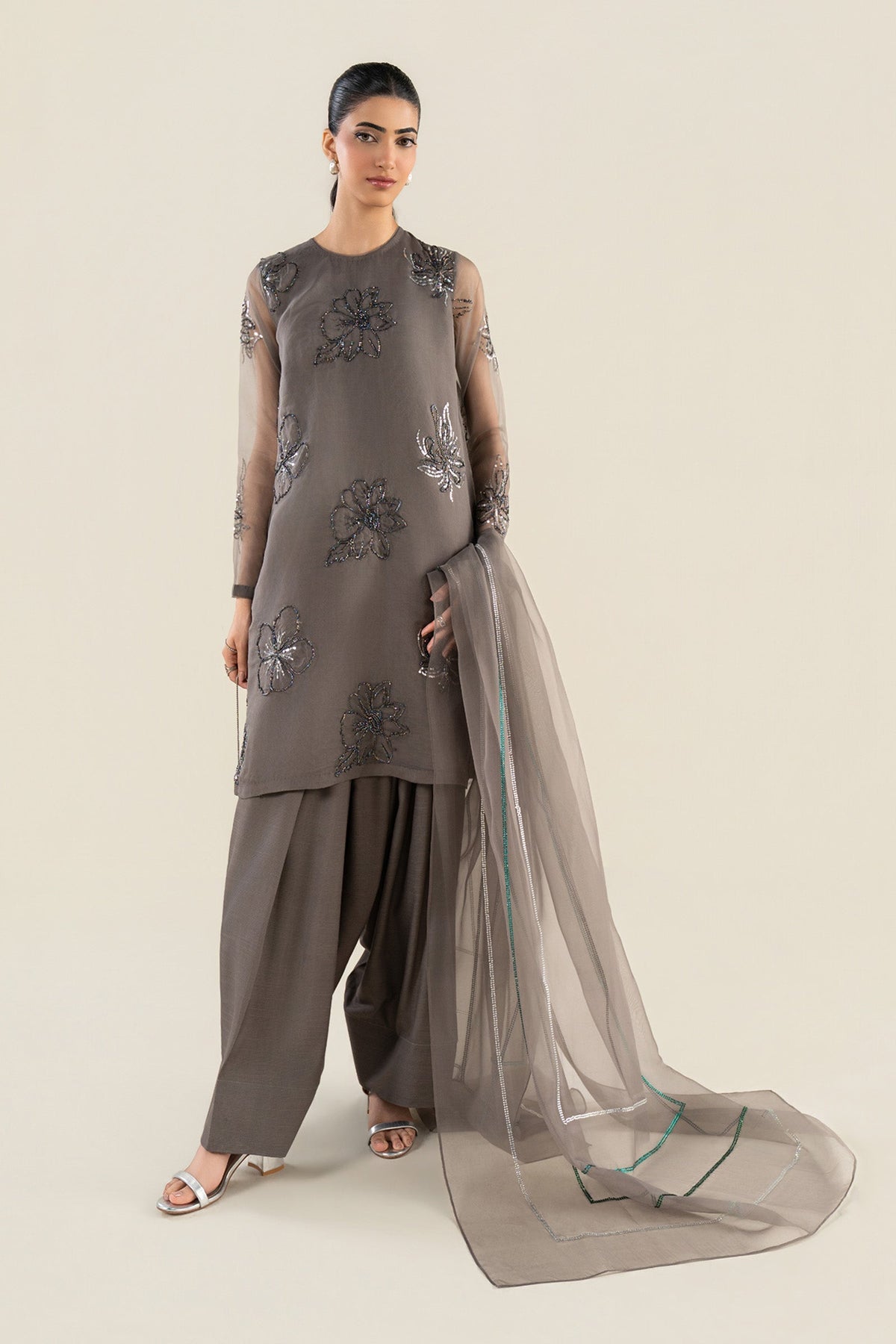 3 Pc Embellished Raw Silk Suit