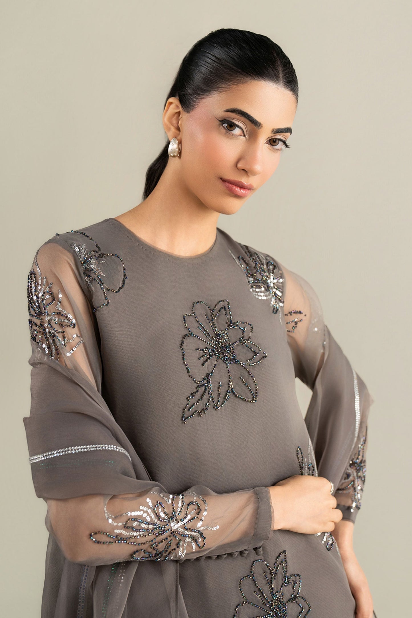 3 Pc Embellished Raw Silk Suit