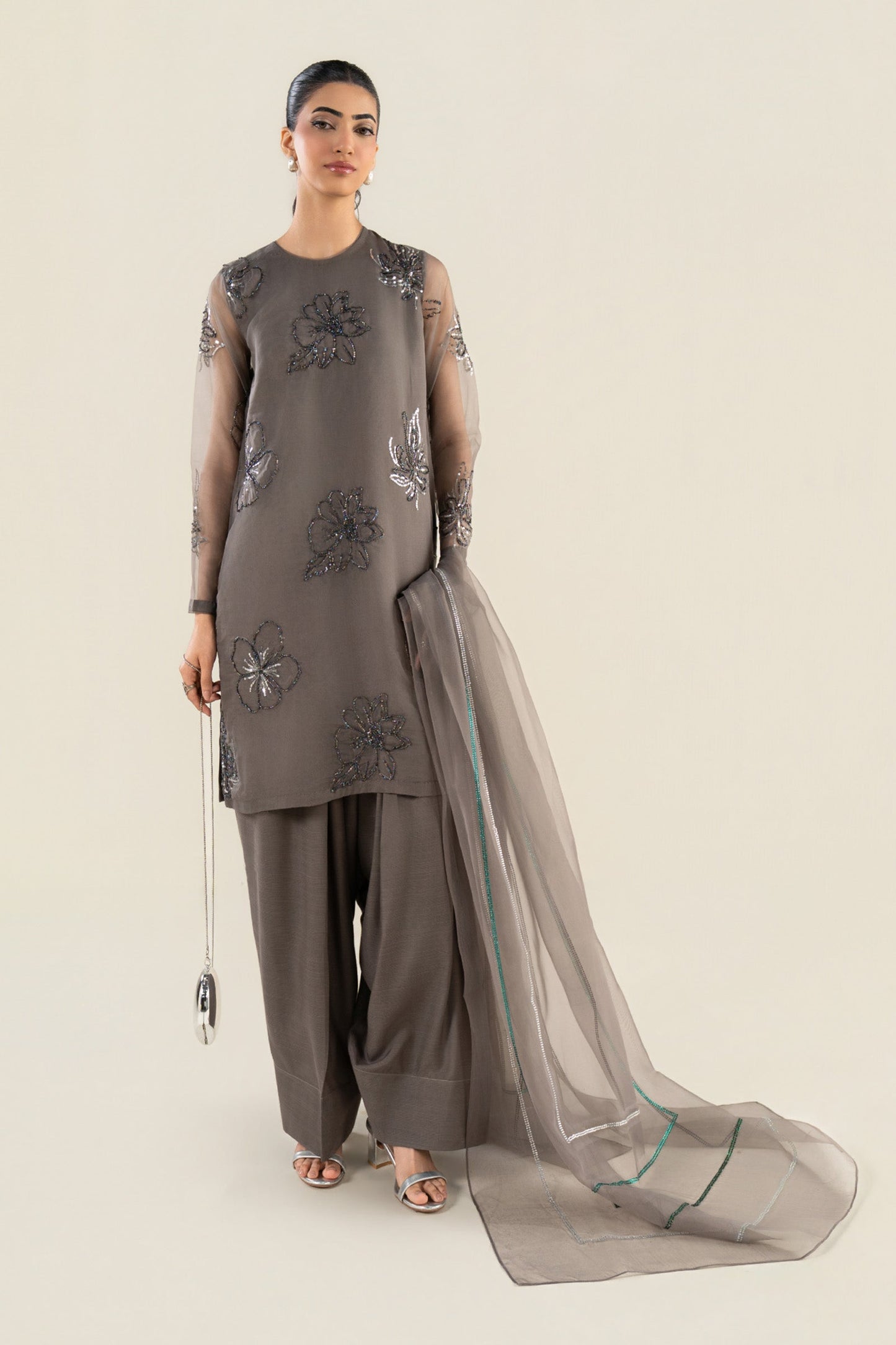 3 Pc Embellished Raw Silk Suit
