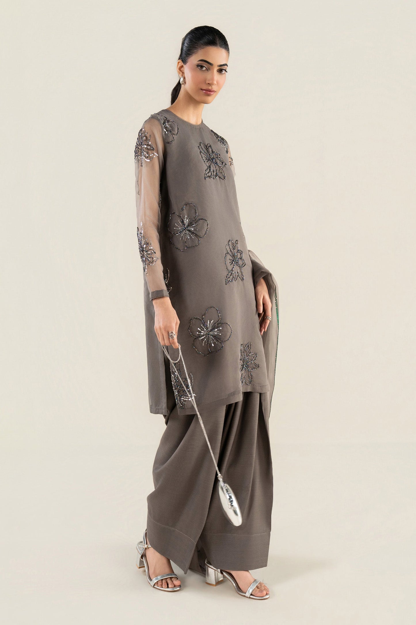 3 Pc Embellished Raw Silk Suit