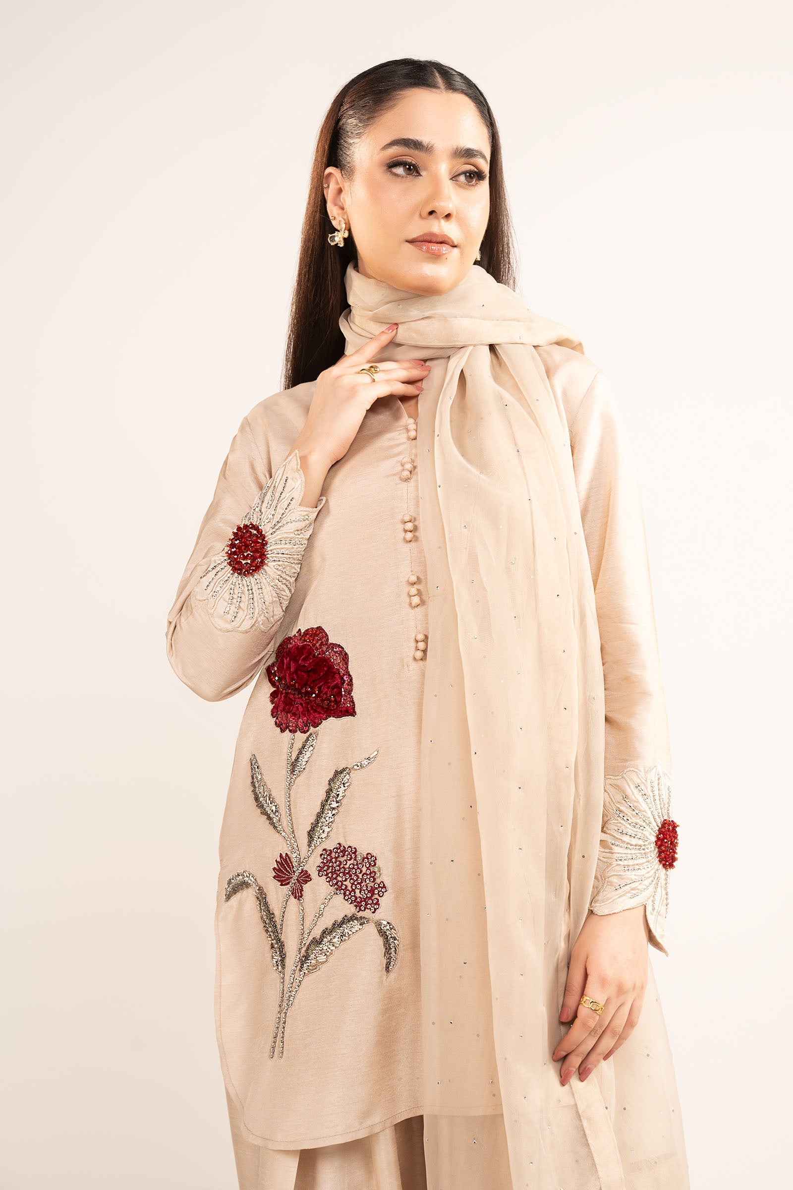 3 Pc Printed Raw Silk Suit