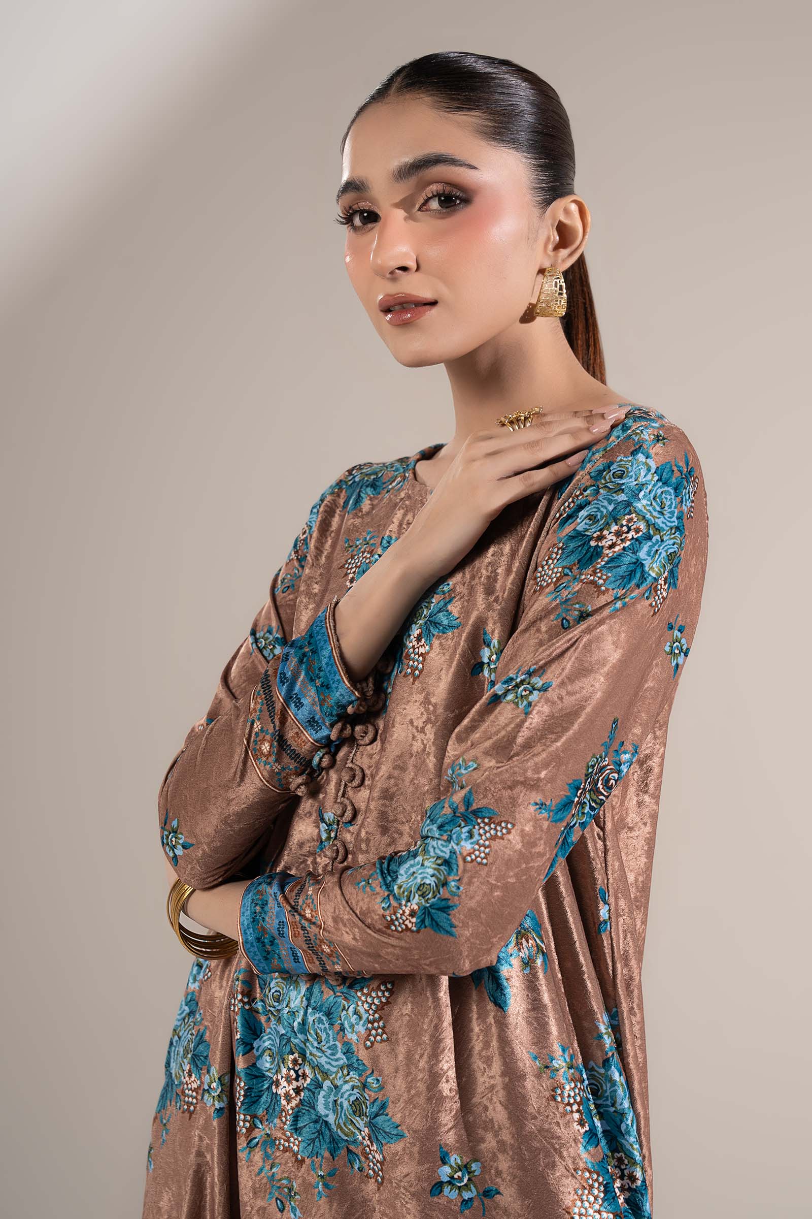 2 Pc Printed Velvet Suit