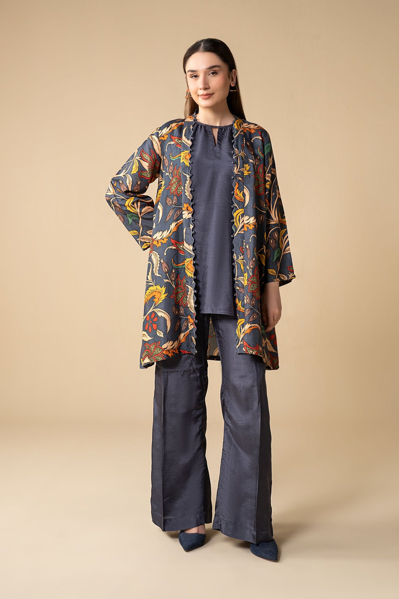3 Pc Printed Raw Silk Suit