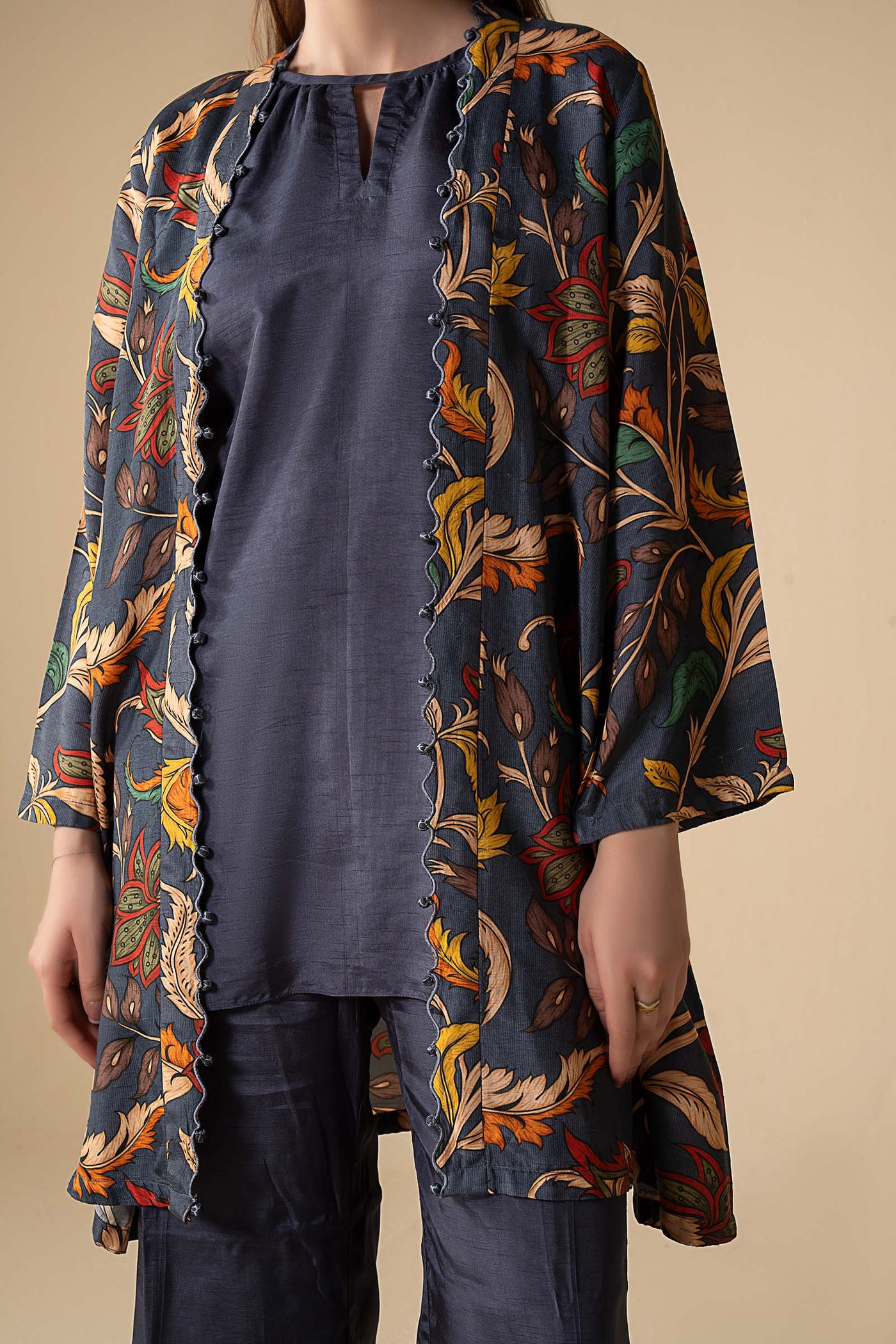 3 Pc Printed Raw Silk Suit