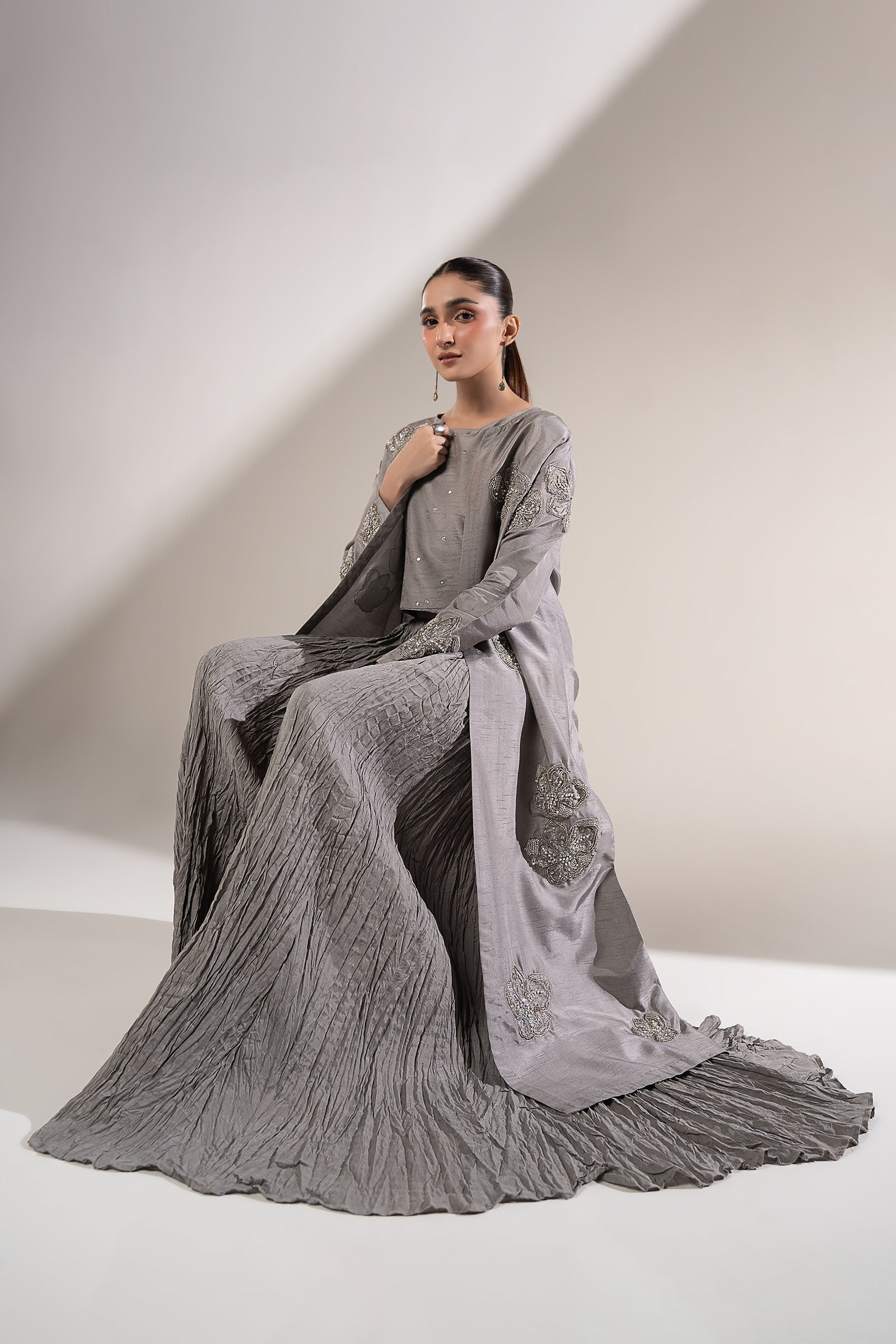 3 Pc Embellished Raw Silk Suit