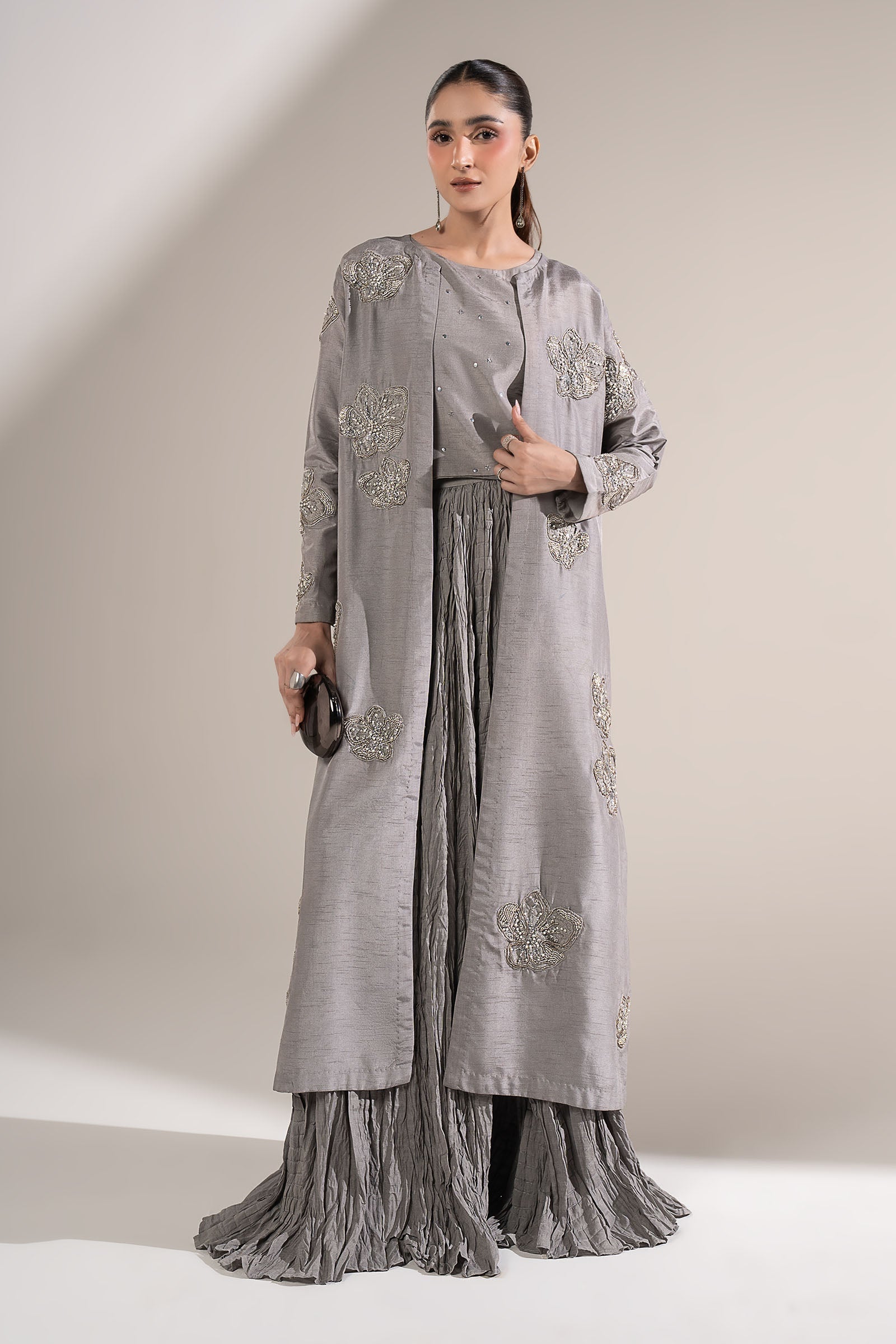3 Pc Embellished Raw Silk Suit