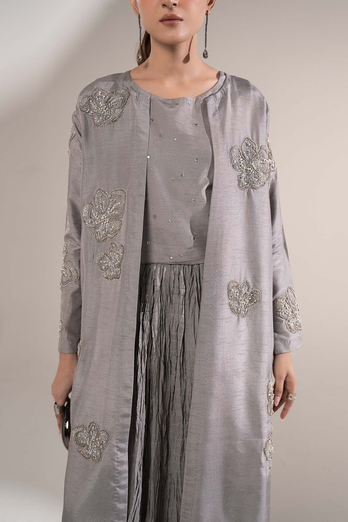 3 Pc Embellished Raw Silk Suit