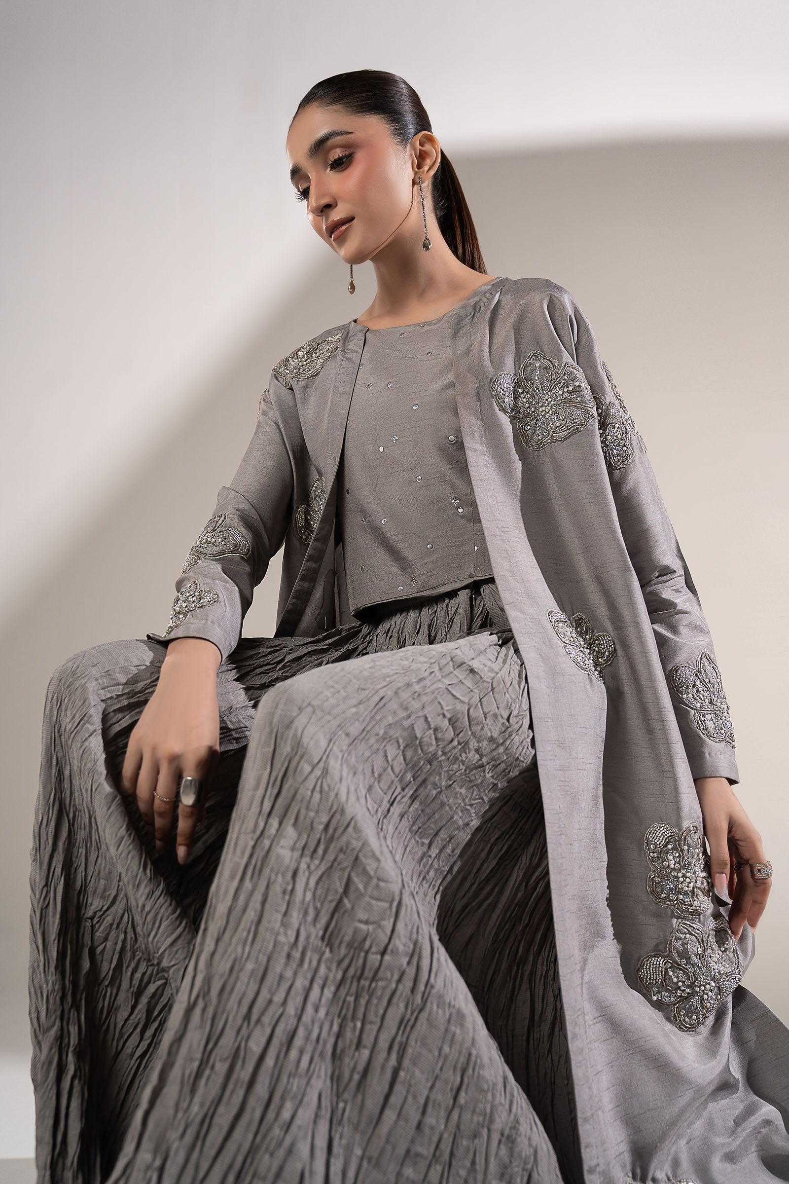 3 Pc Embellished Raw Silk Suit