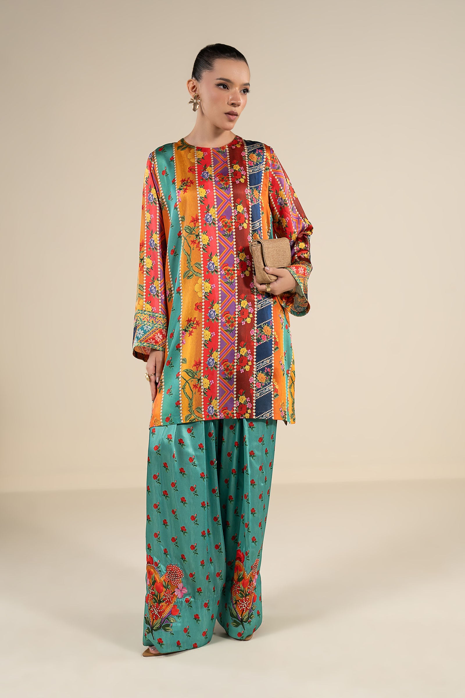 2 Pc Embellished Satin Silk Suit