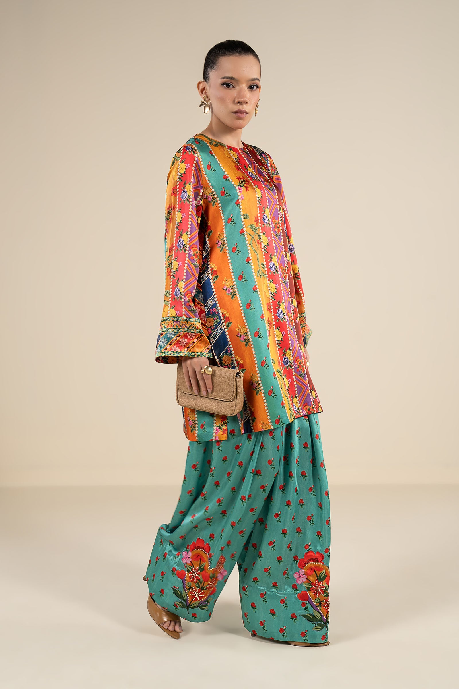 2 Pc Embellished Satin Silk Suit