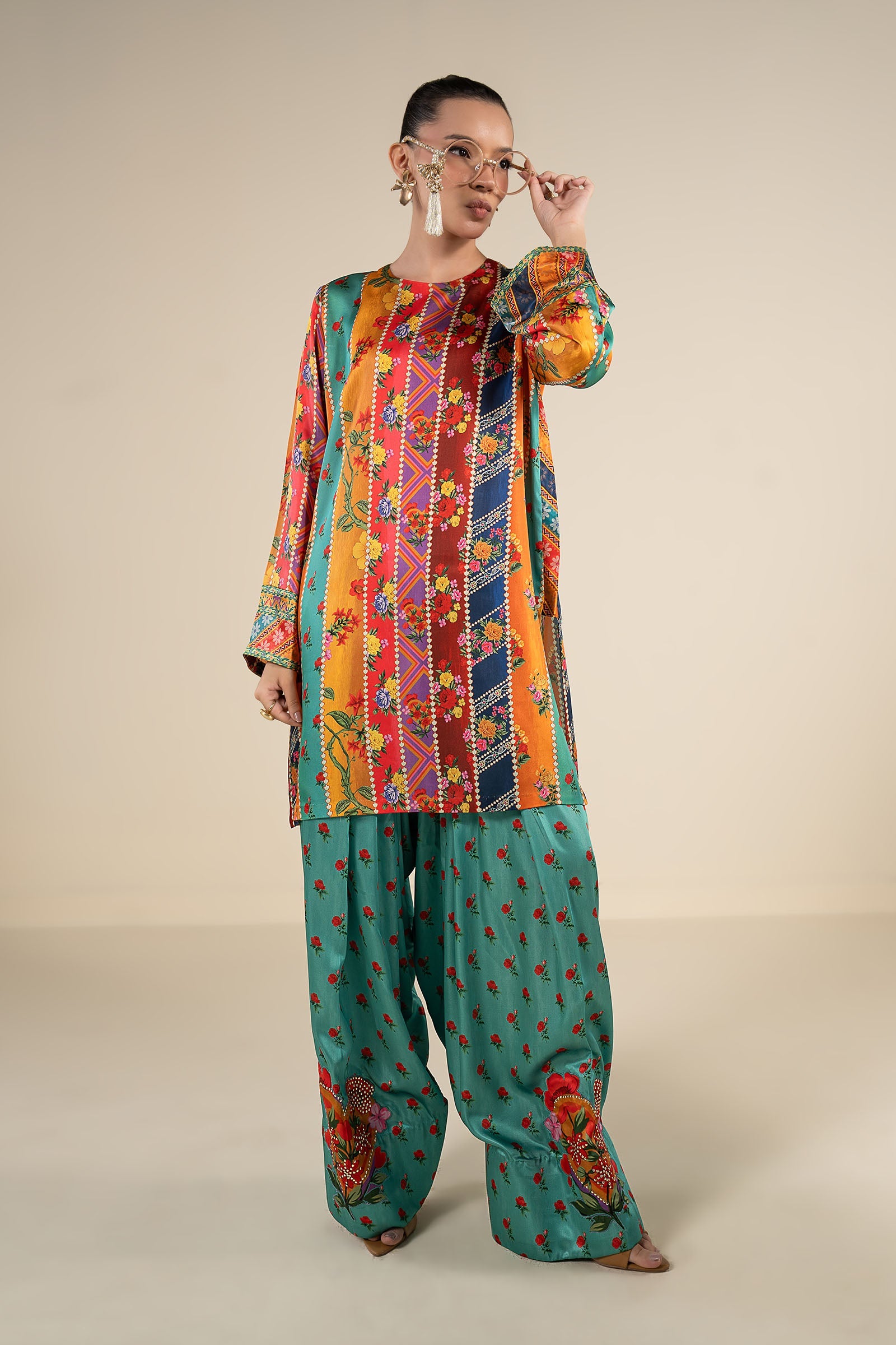 2 Pc Embellished Satin Silk Suit