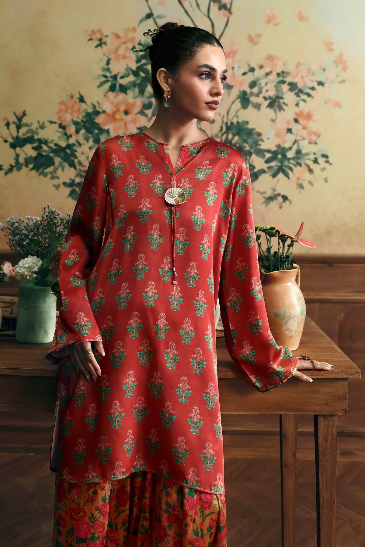 2 Pc Printed Poly Satin Silk Suit