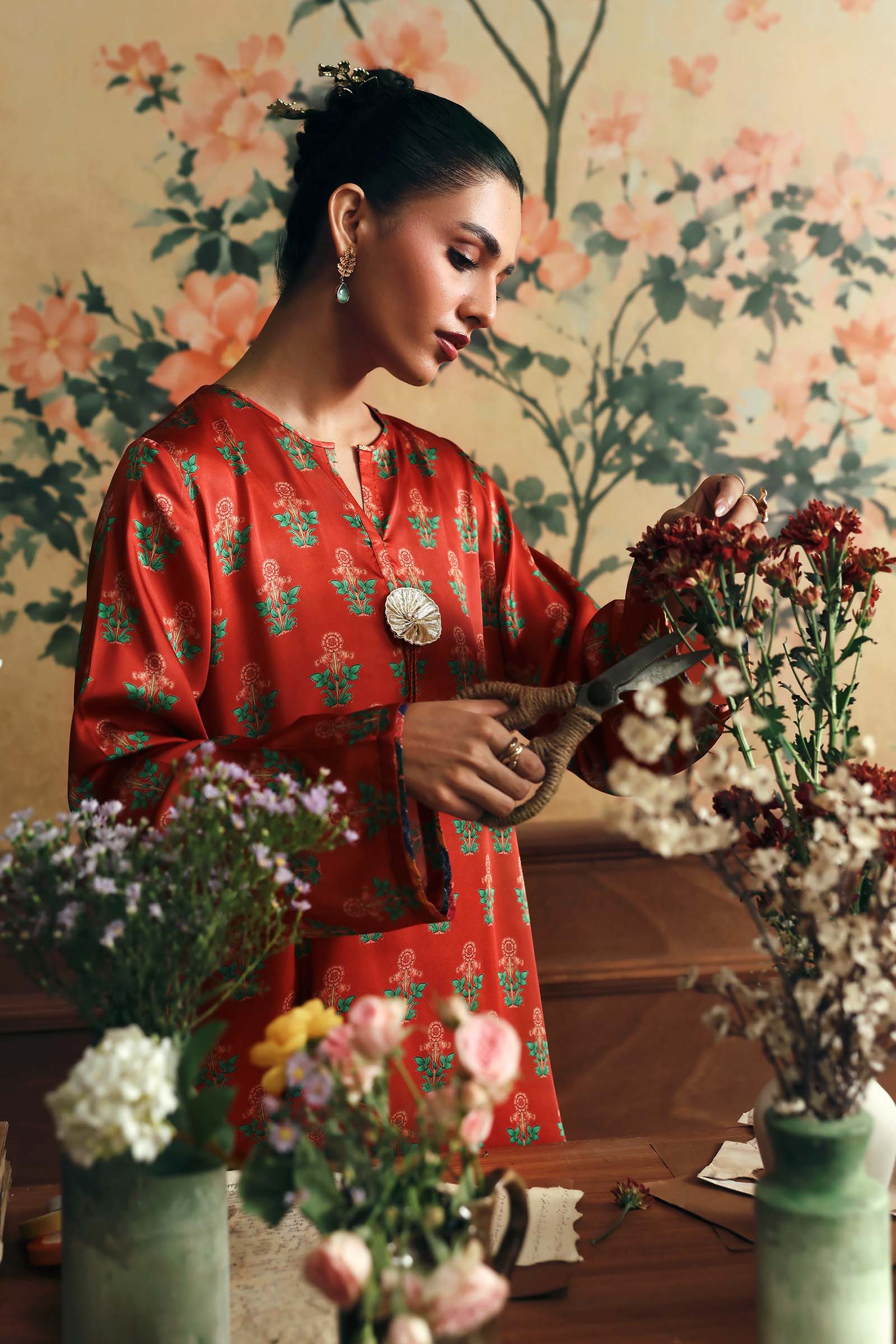 2 Pc Printed Satin Silk Suit