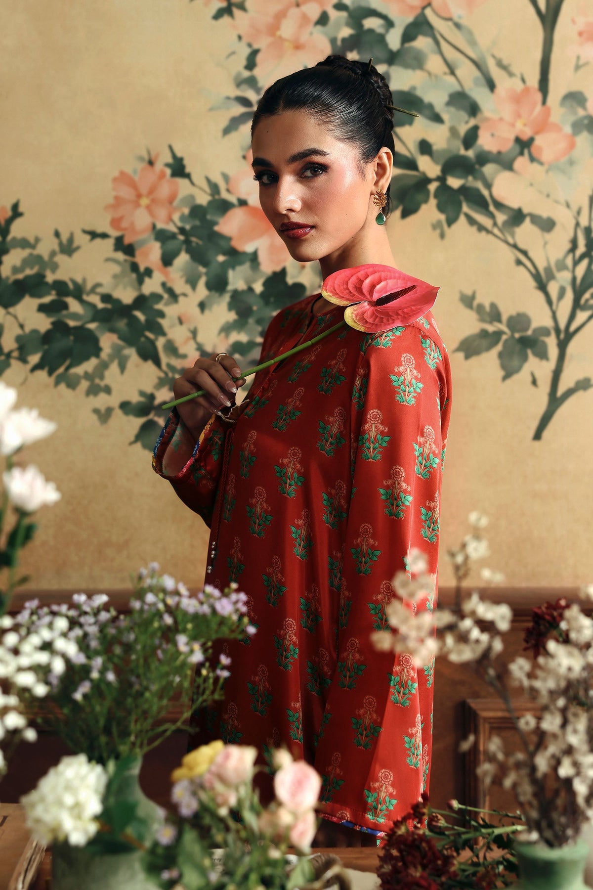 2 Pc Printed Satin Silk Suit