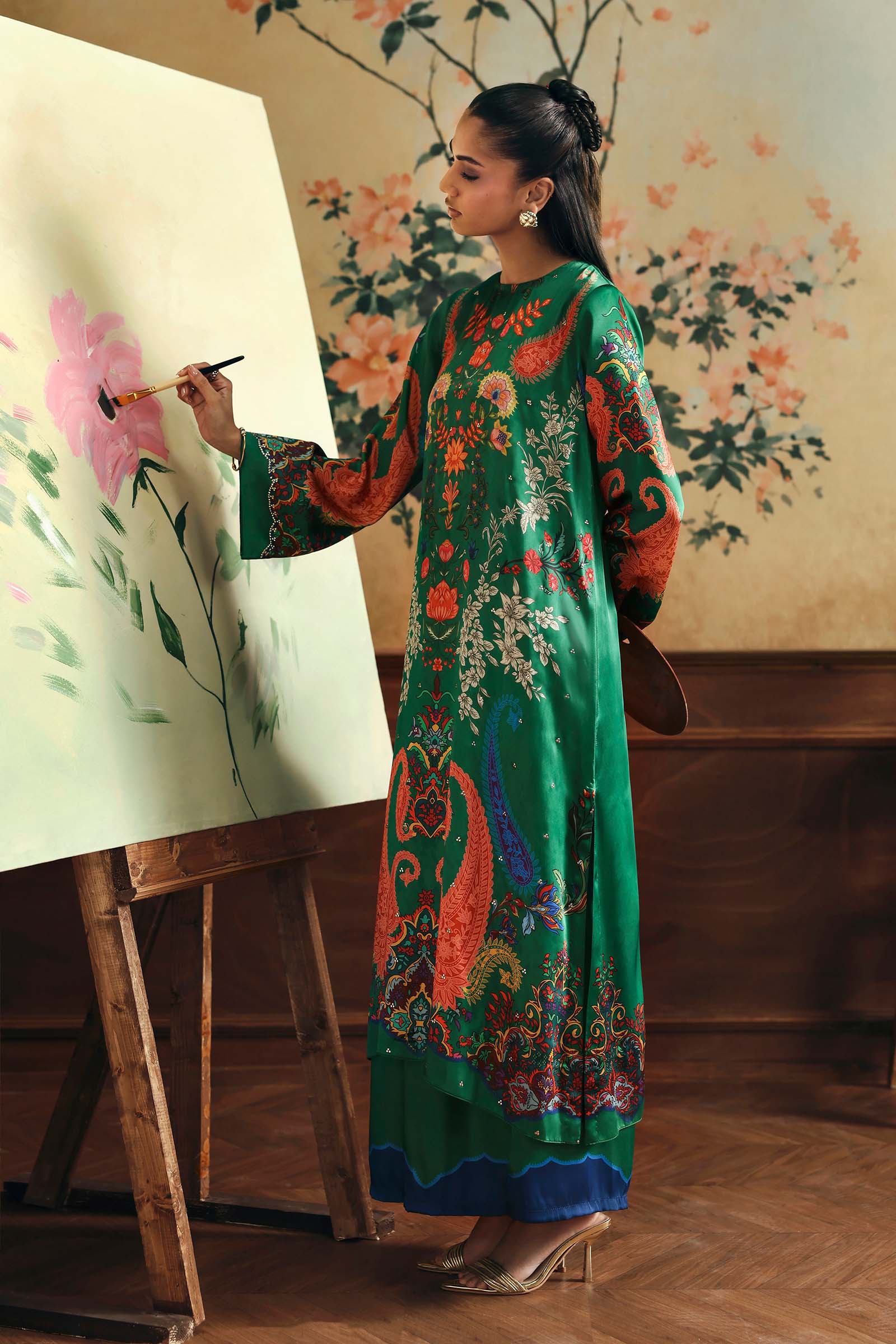 2 Pc Embellished Satin Silk Suit