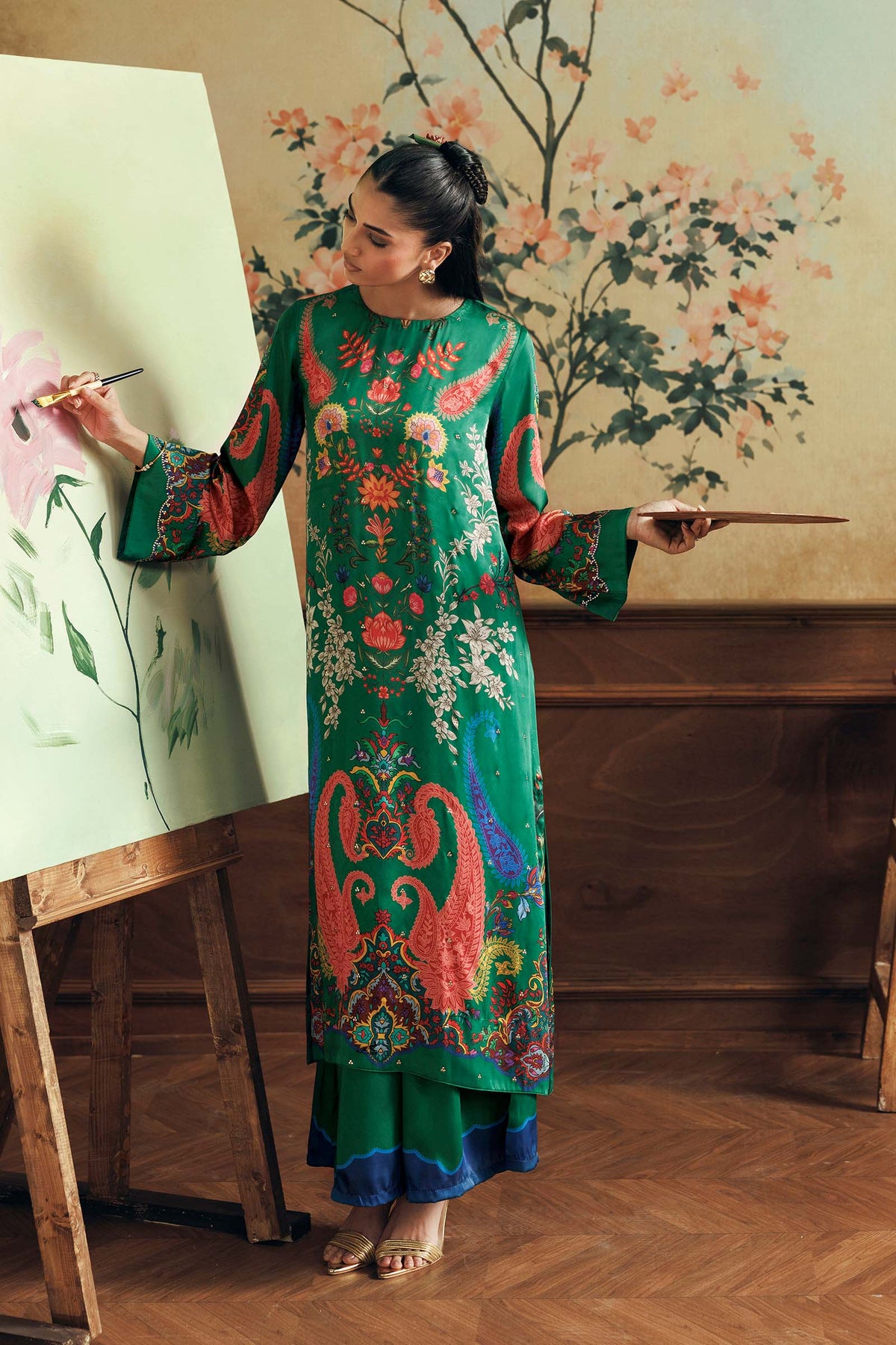 2 Pc Embellished Satin Silk Suit