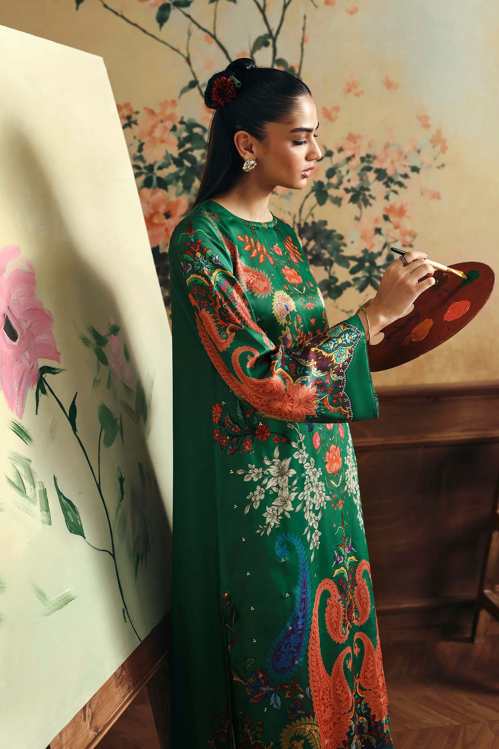 2 Pc Embellished Satin Silk Suit