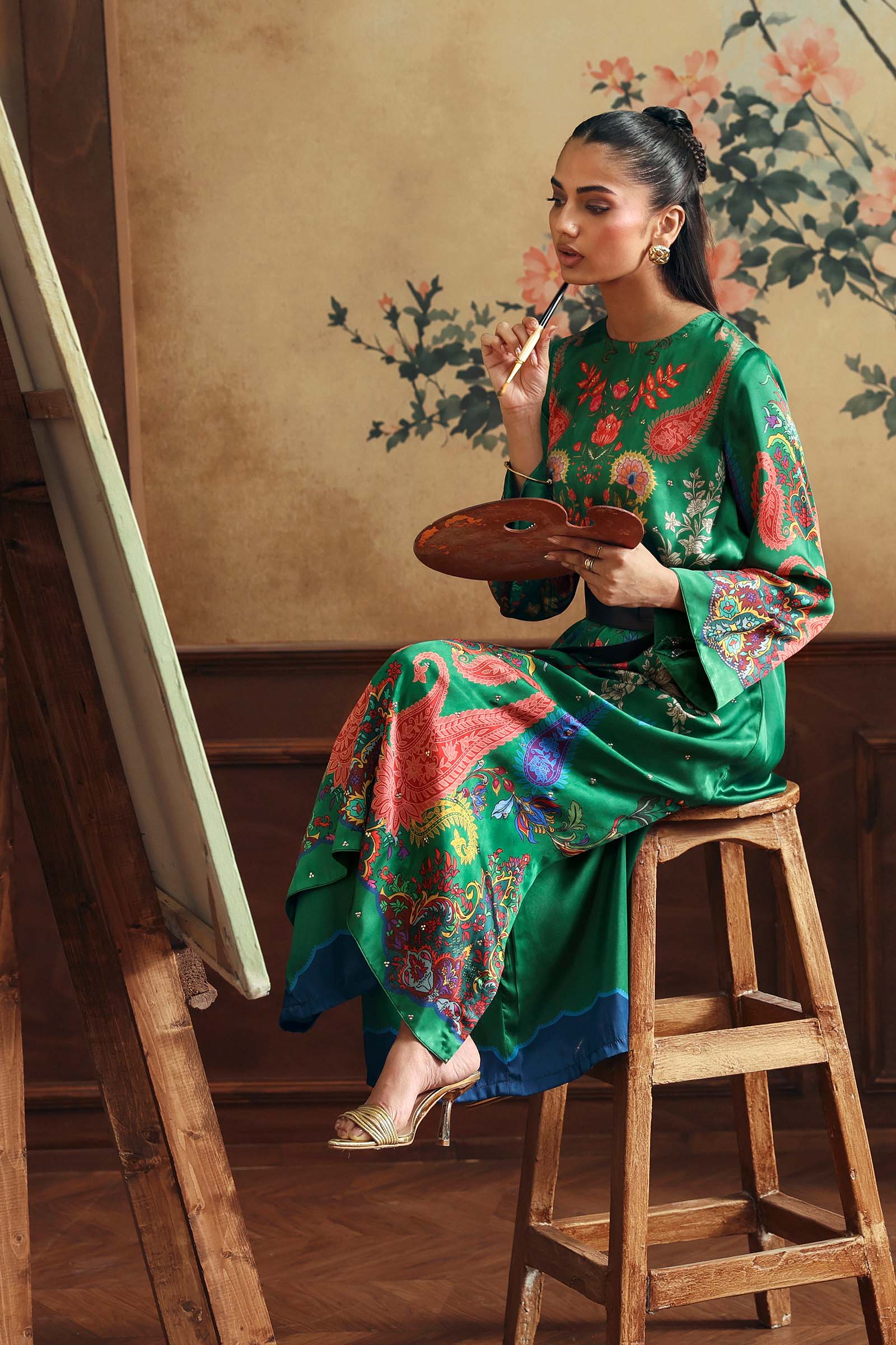 2 Pc Embellished Satin Silk Suit