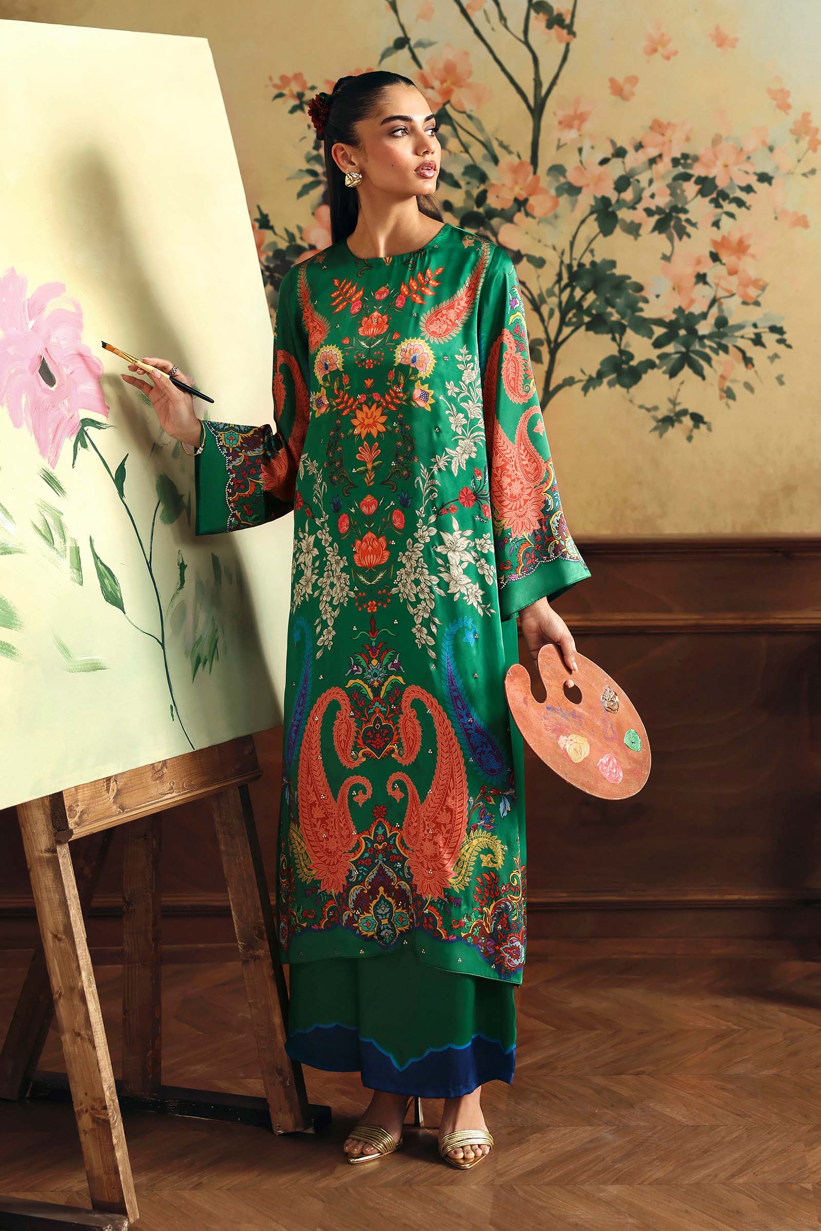 2 Pc Embellished Satin Silk Suit