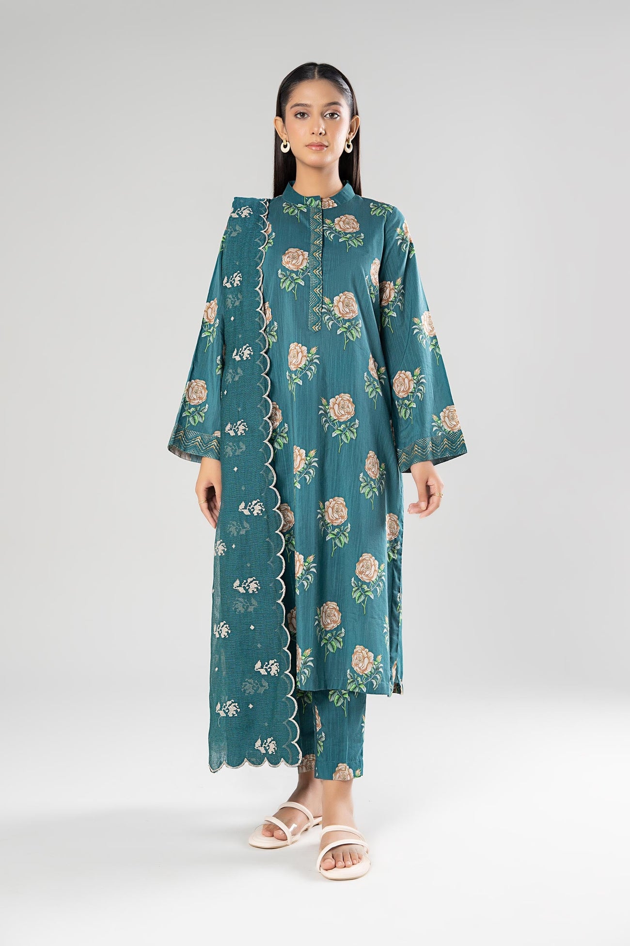 3 Pc Embroidered Slub Suit