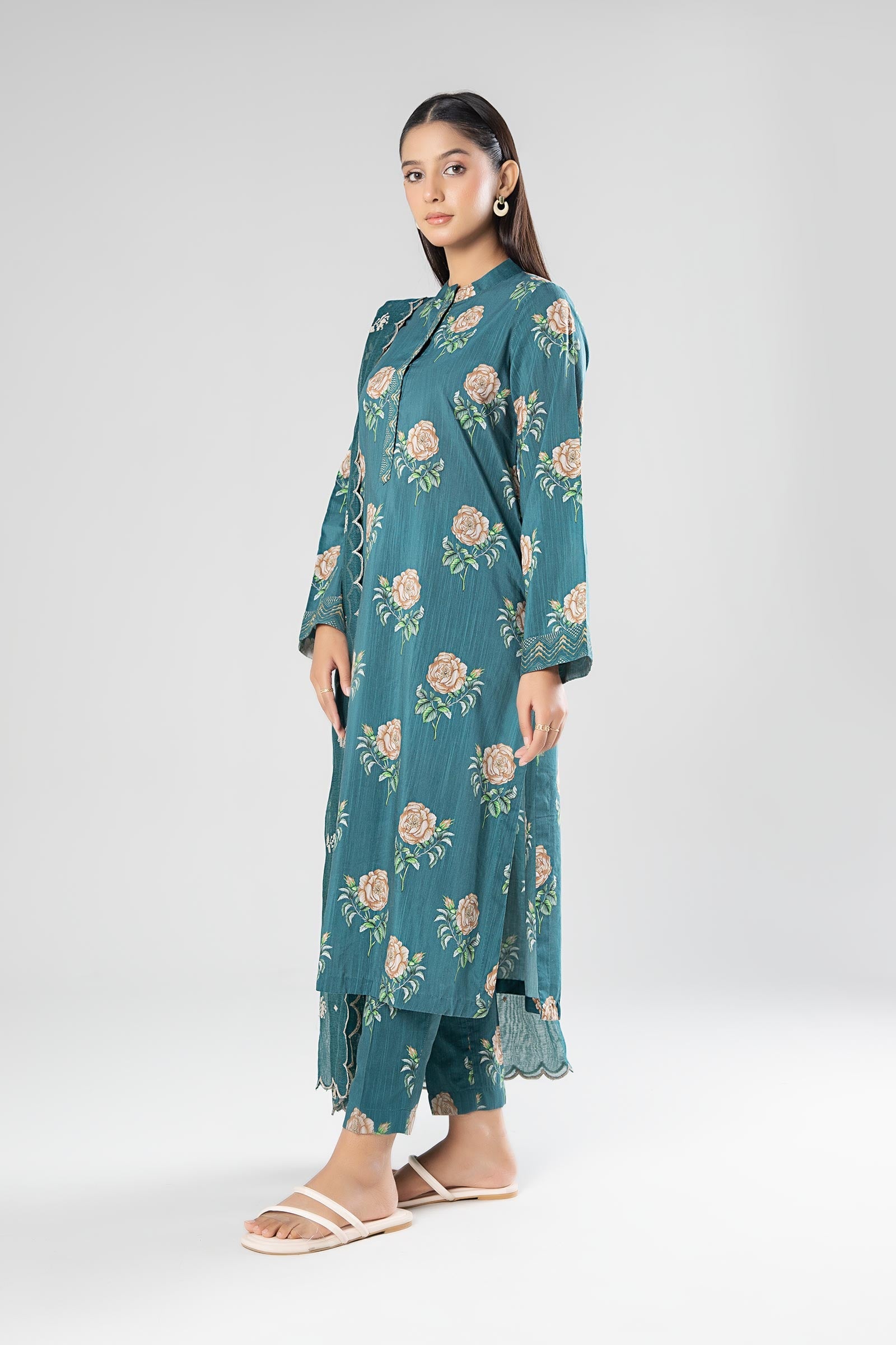 3 Pc Embroidered Slub Suit