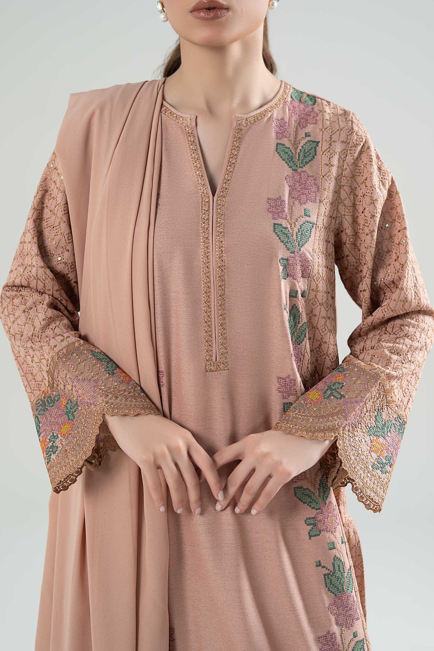 3 Pc Embroidered Karandi Suit