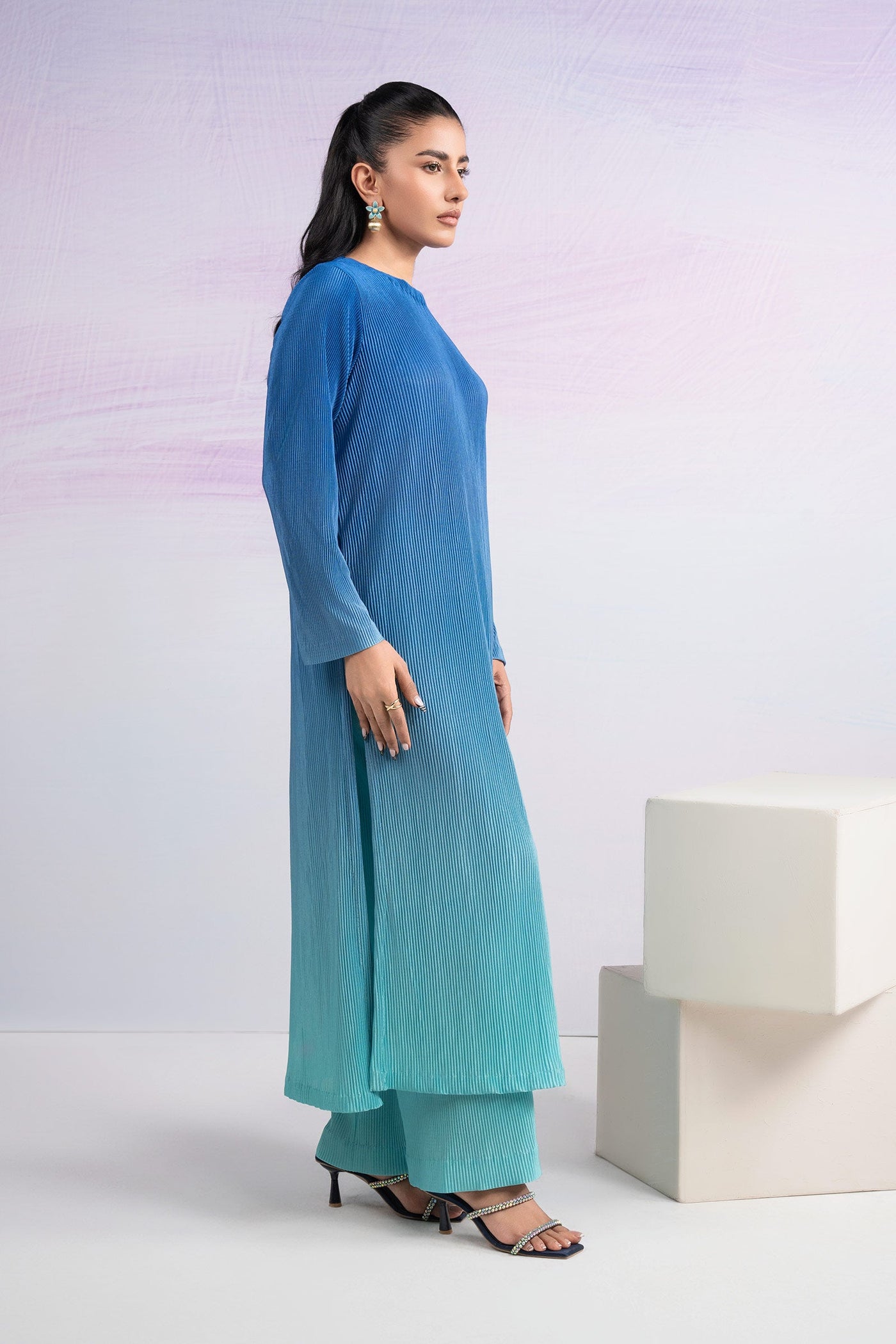 2 Pc Dyed Pleated Silk Striped Suit