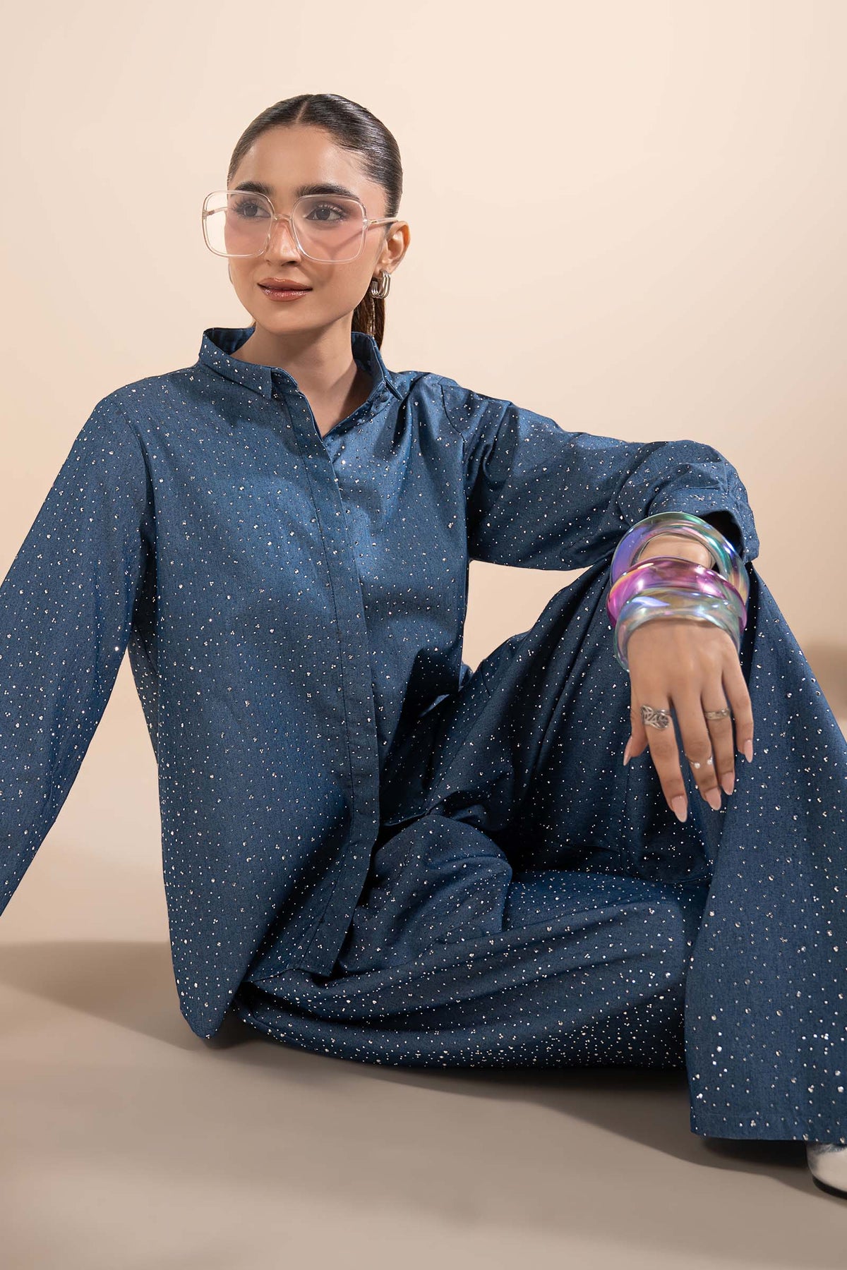 2 Pc Embellished Denim Suit