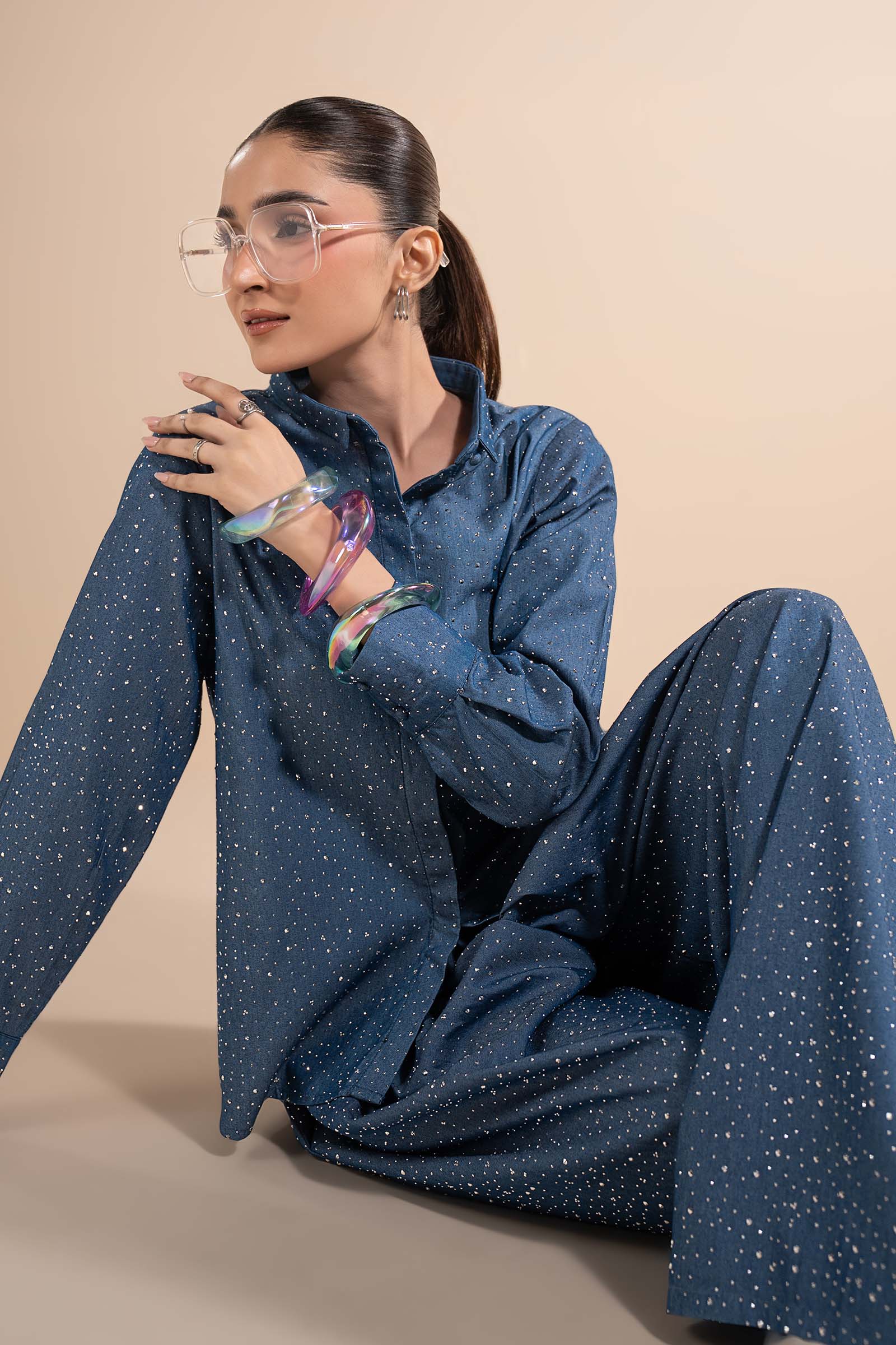 2 Pc Embellished Denim Suit