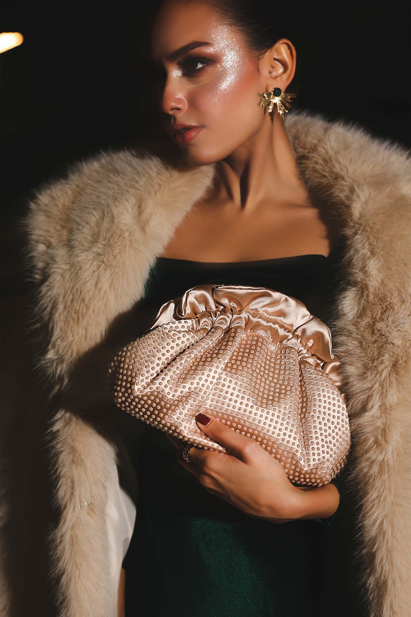 Ruched Pearl Clutch