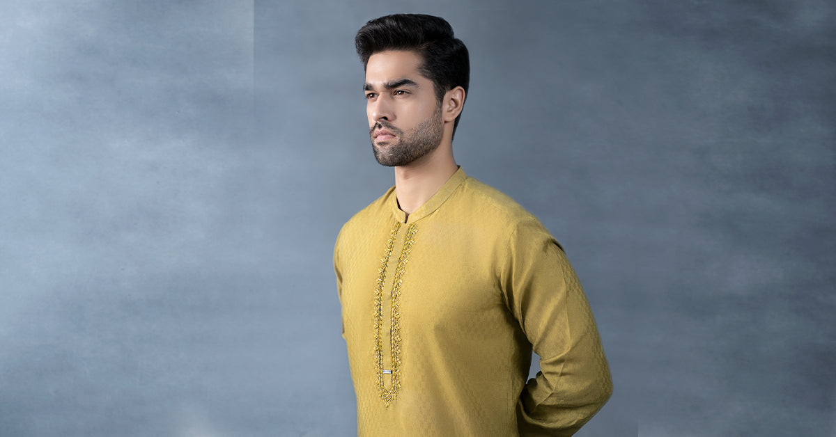 Hand-Embroidered Cotton Jacquard Kurta