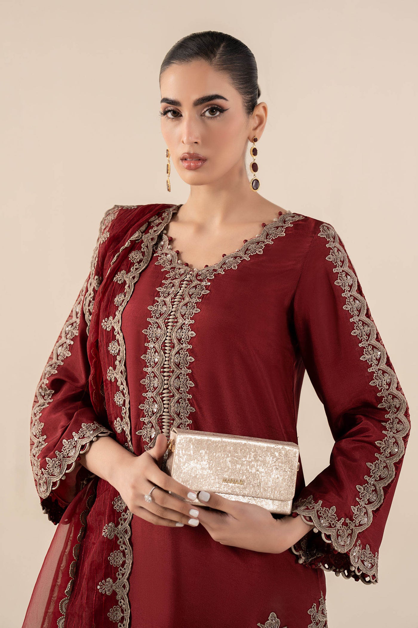 3 Piece Embroidered Tassel Silk Suit