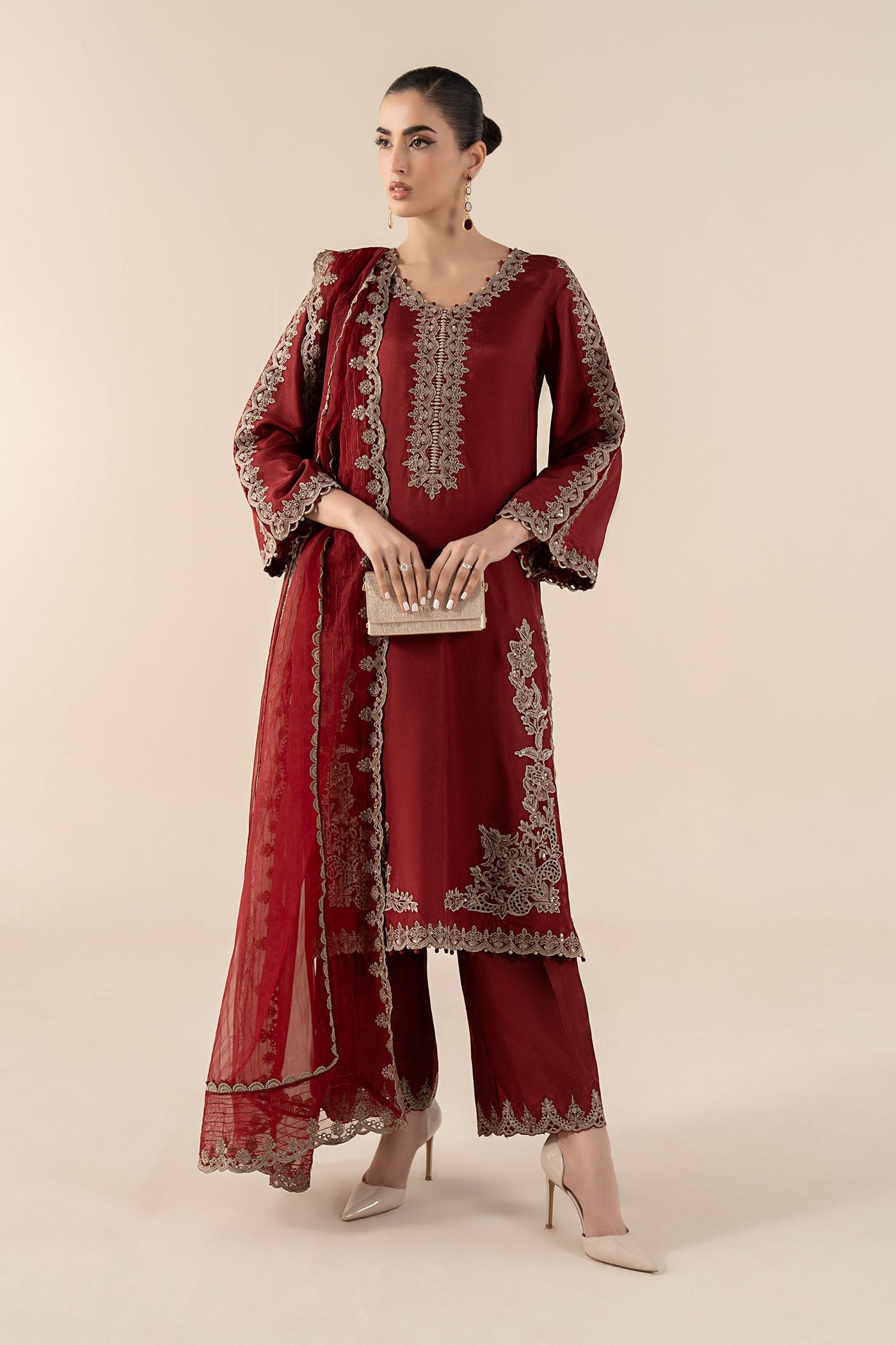3 Piece Embroidered Tassel Silk Suit