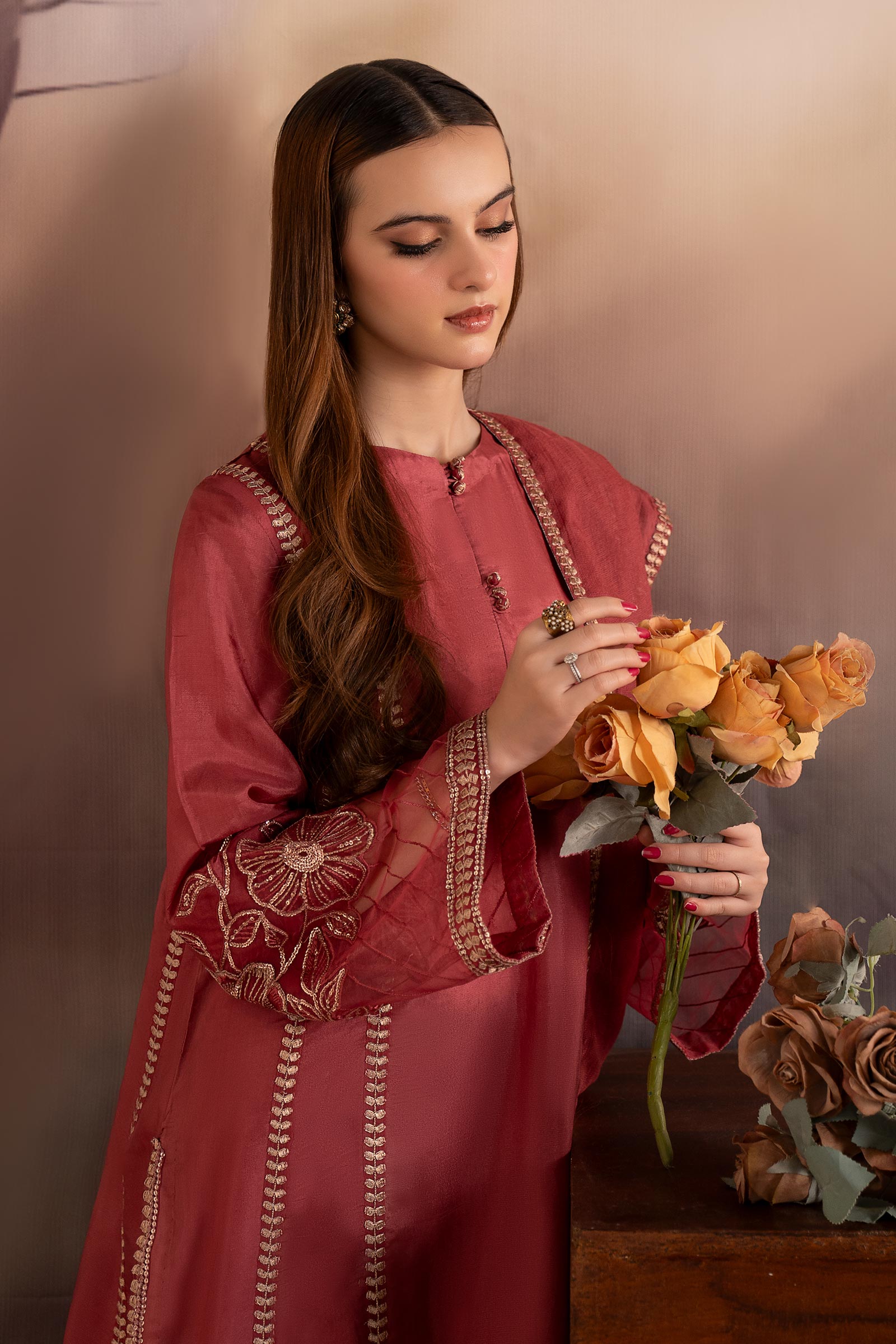 3 Piece Embroidered Tassel Silk Suit