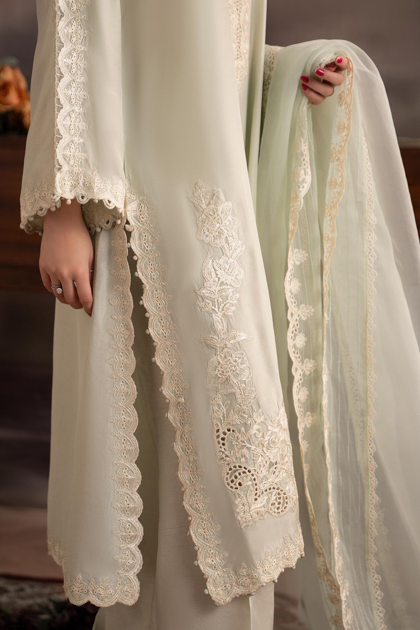 3 Piece Embroidered Tassel Silk Suit