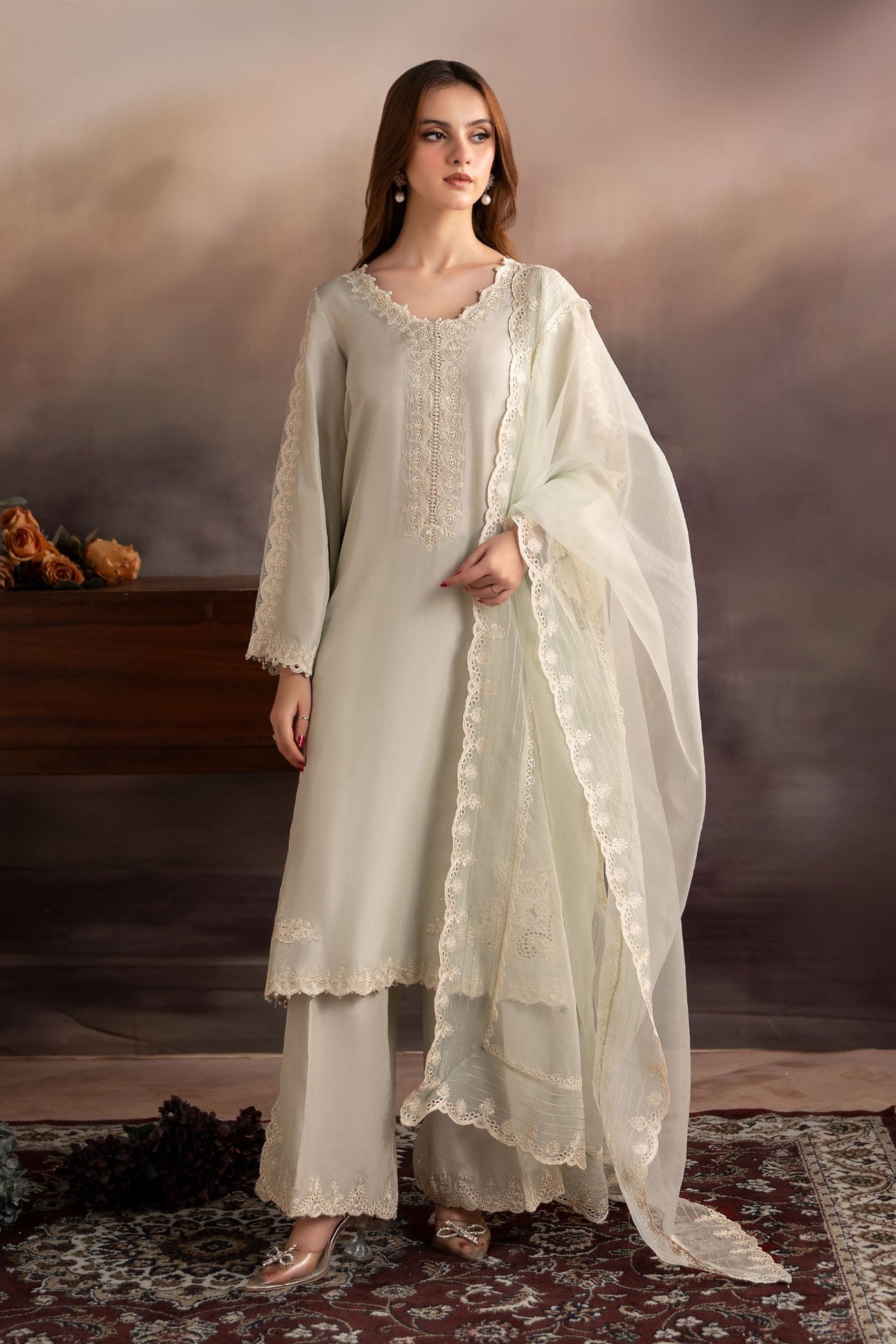 3 Piece Embroidered Tassel Silk Suit