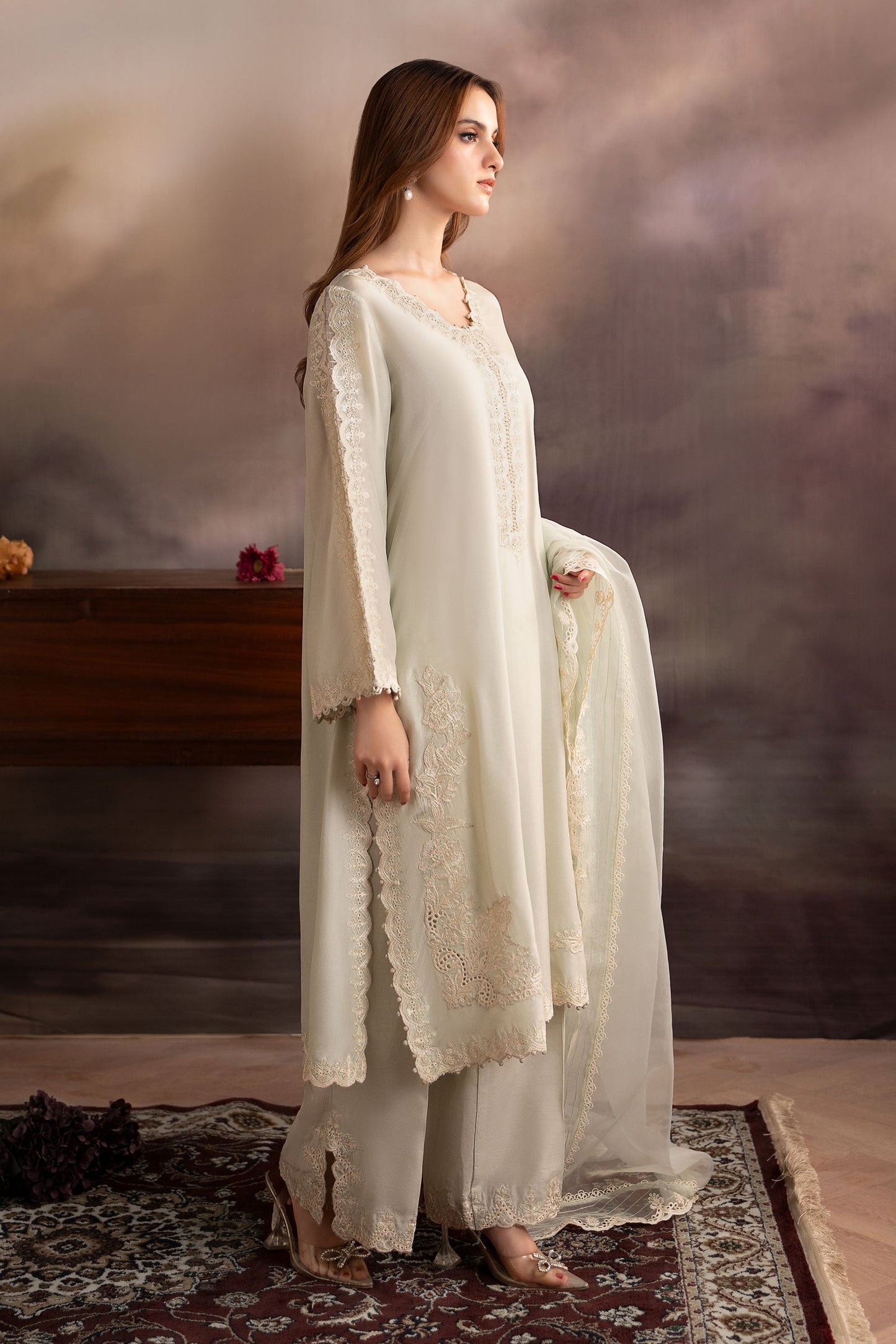 3 Piece Embroidered Tassel Silk Suit