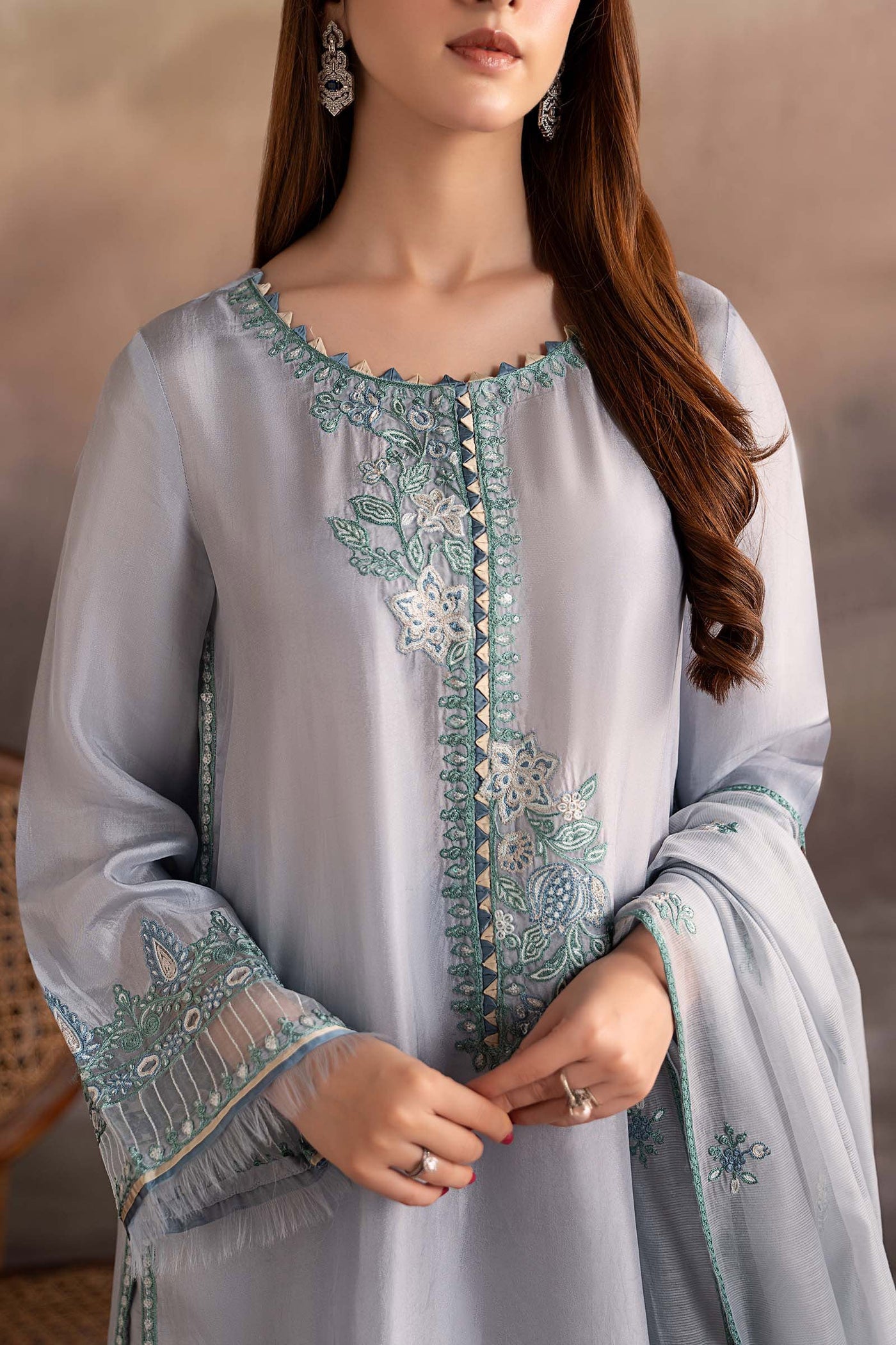 3 Piece Embroidered Tassel Silk Suit