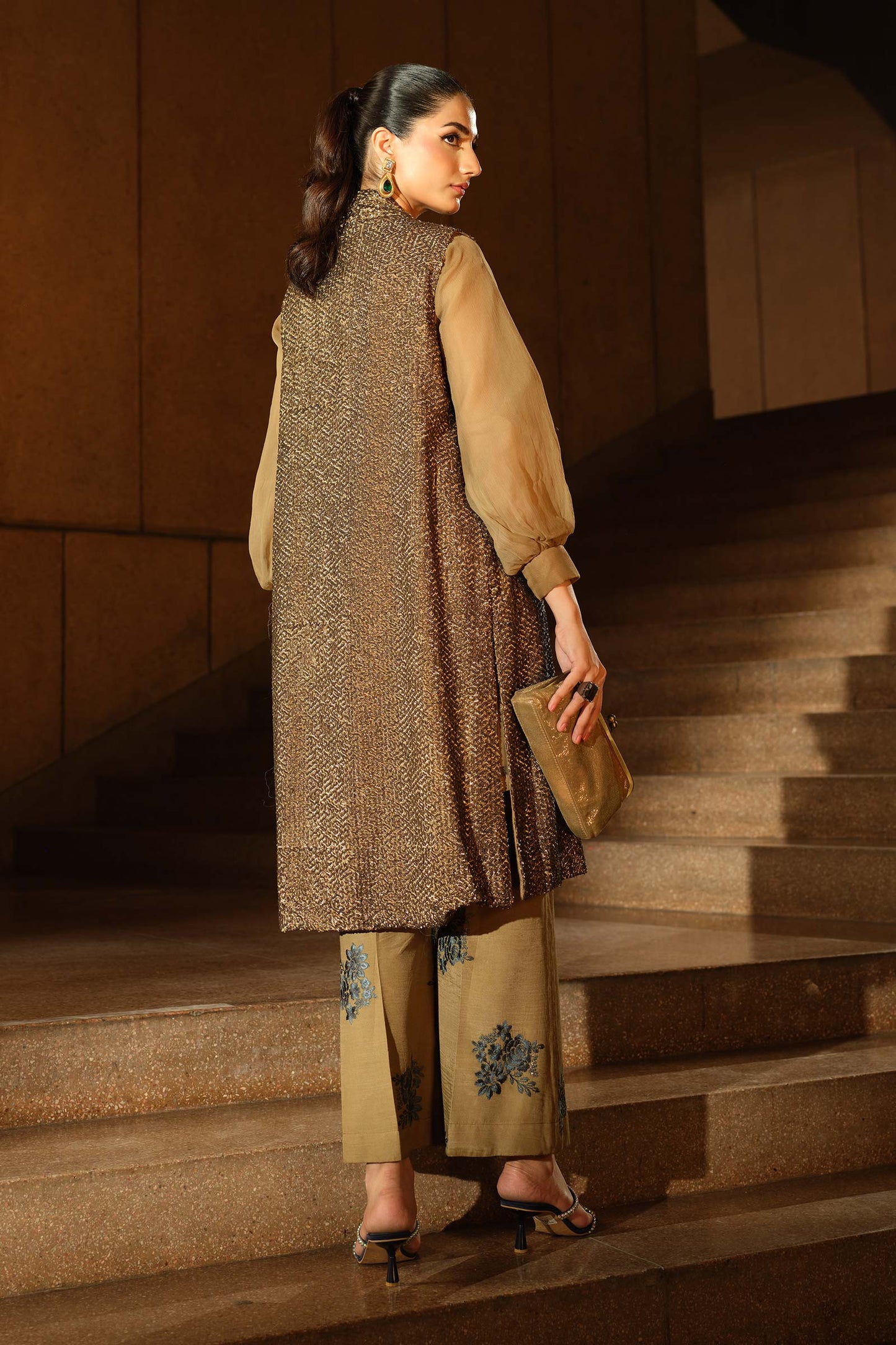 3 Piece Embroidered Raw Silk Suit