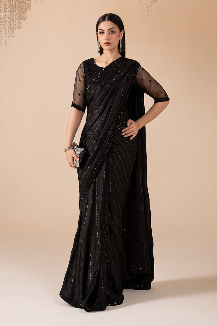 Embroidered Charmeuse Silk Saree All Products MGL2604-ESM-BLK