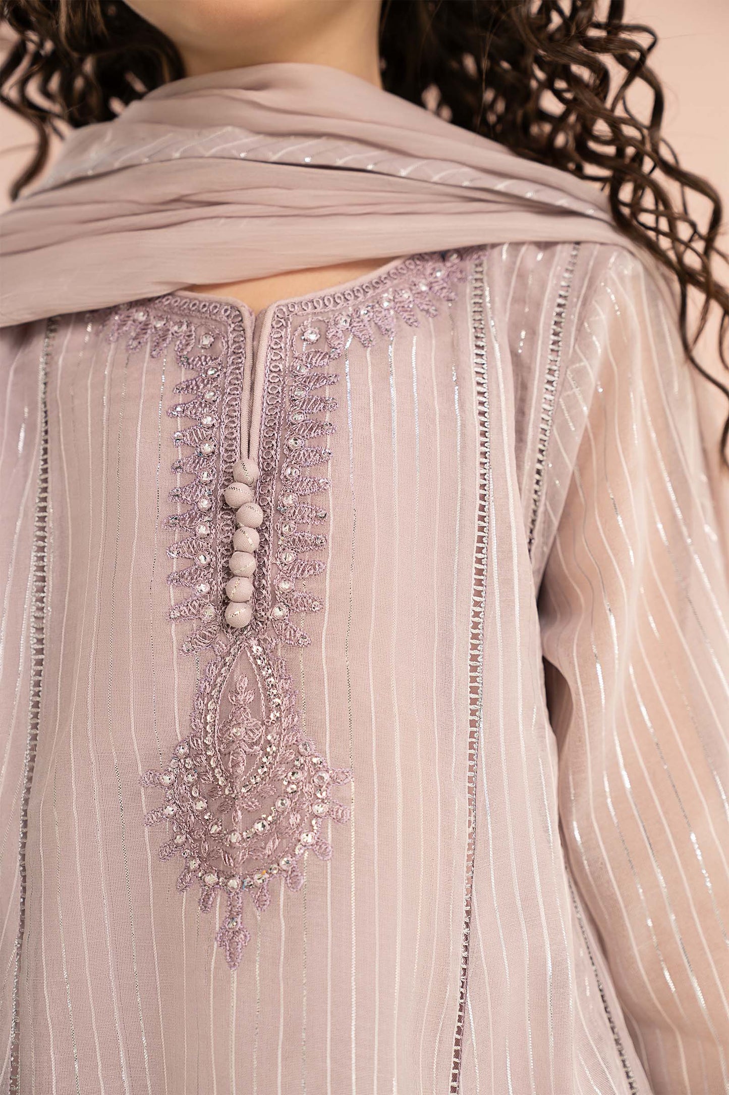 3 Piece Embroidered Striped Lurex Yarn Dyed Suit