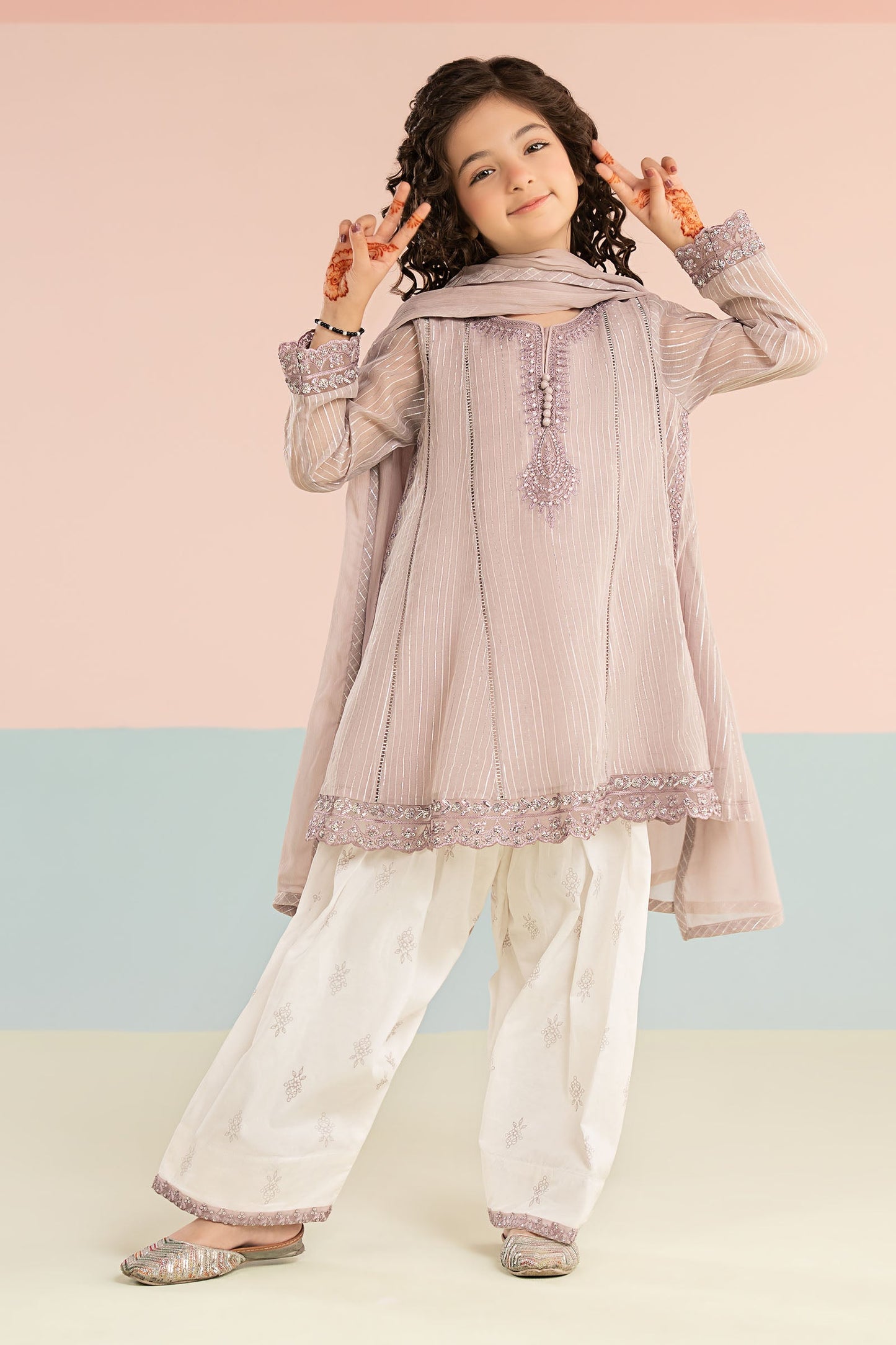 3 Piece Embroidered Striped Lurex Yarn Dyed Suit