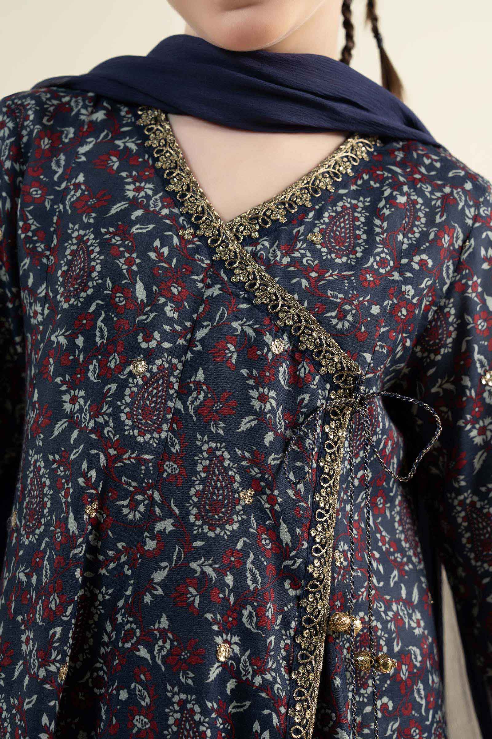 3 Piece Embroidered Raw Silk Suit