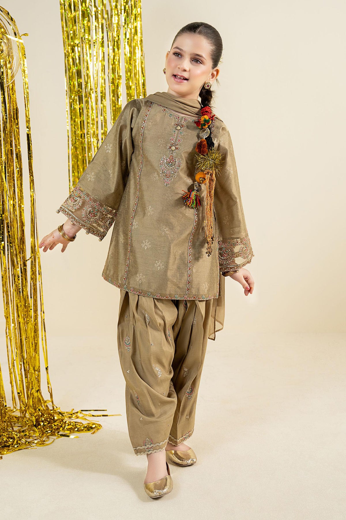 3 Piece Embroidered Black Warp Silk Suit