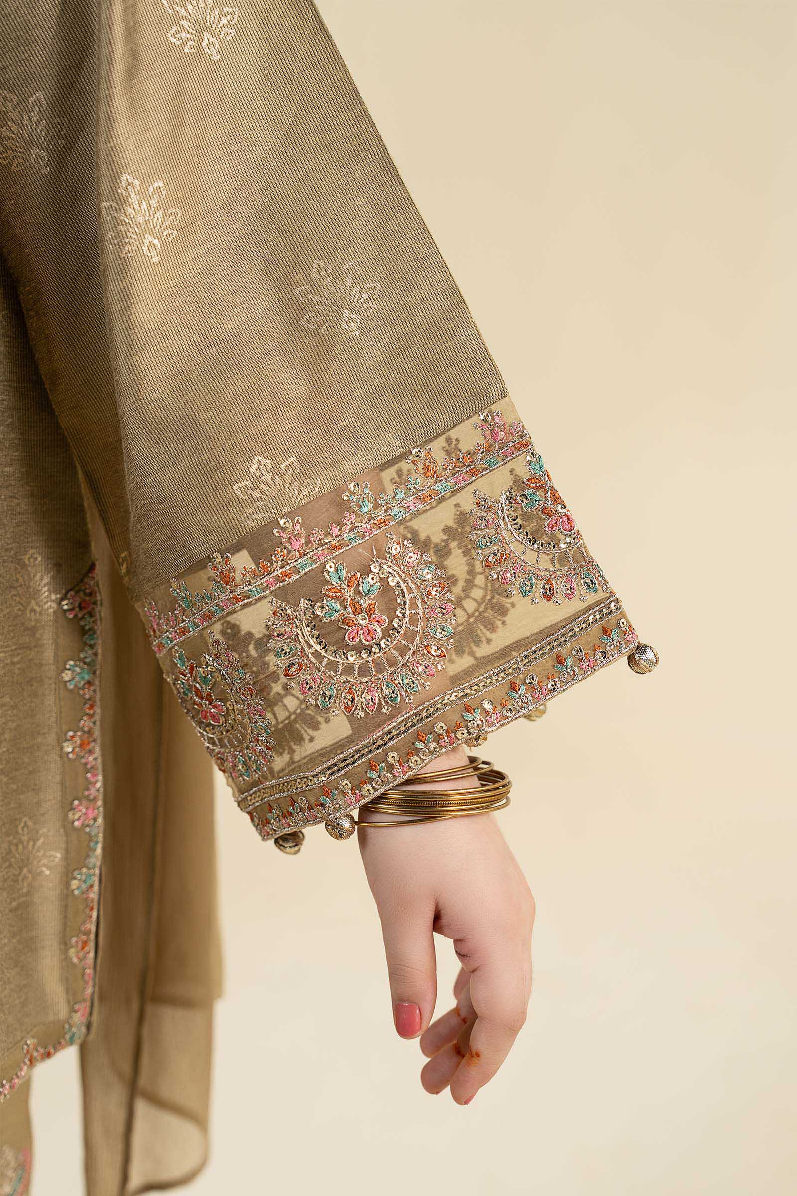 3 Piece Embroidered Black Warp Silk Suit