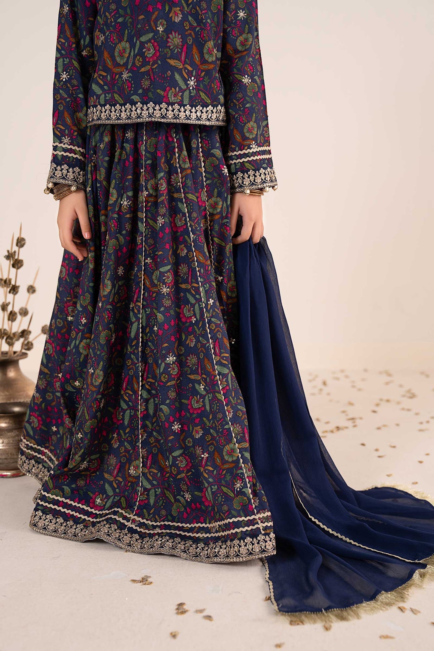 3 Piece Embroidered Raw Silk Suit
