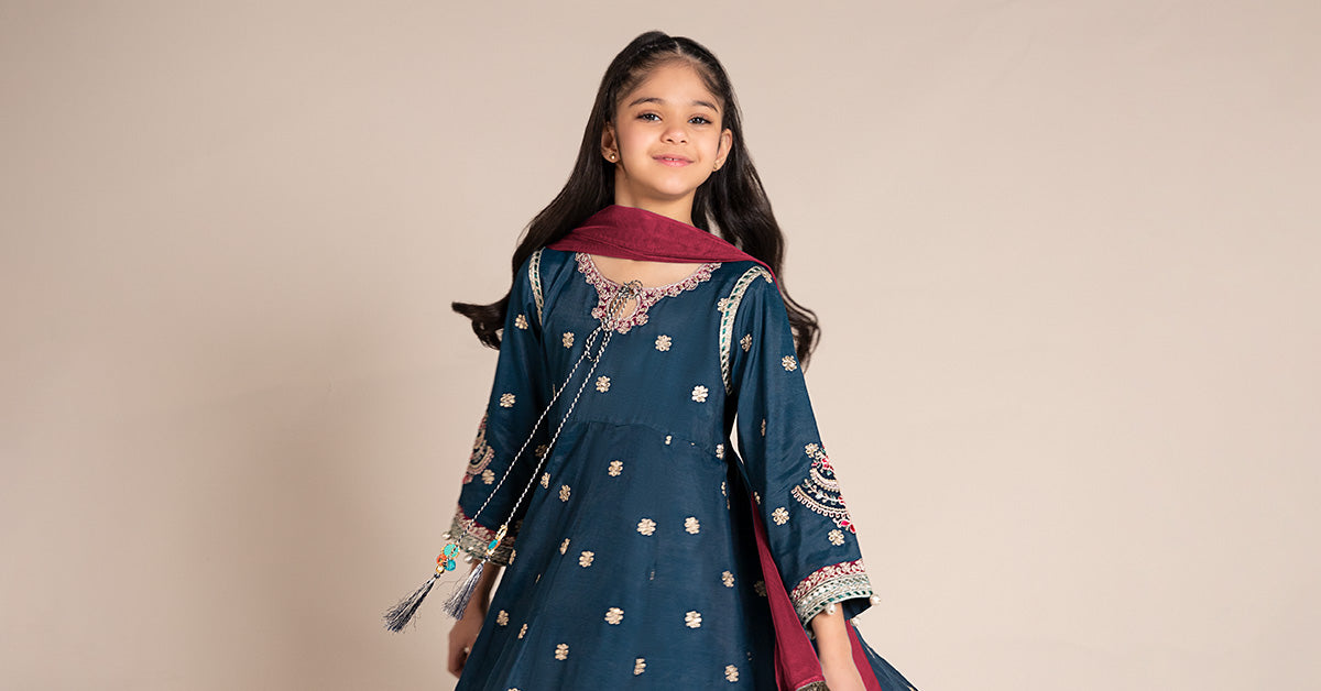 3 Piece Embroidered Raw Silk Suit